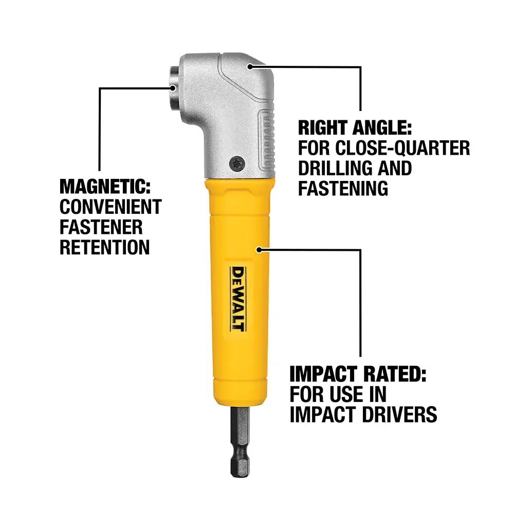 A DEWALT DWARA60 right angle attachment tool with a yellow handle and metallic head. Text points highlight three features: 'Magnetic: convenient fastener retention', 'Right angle: for close-quarter drilling and fastening', and 'Impact rated: for use in impact drivers.'
