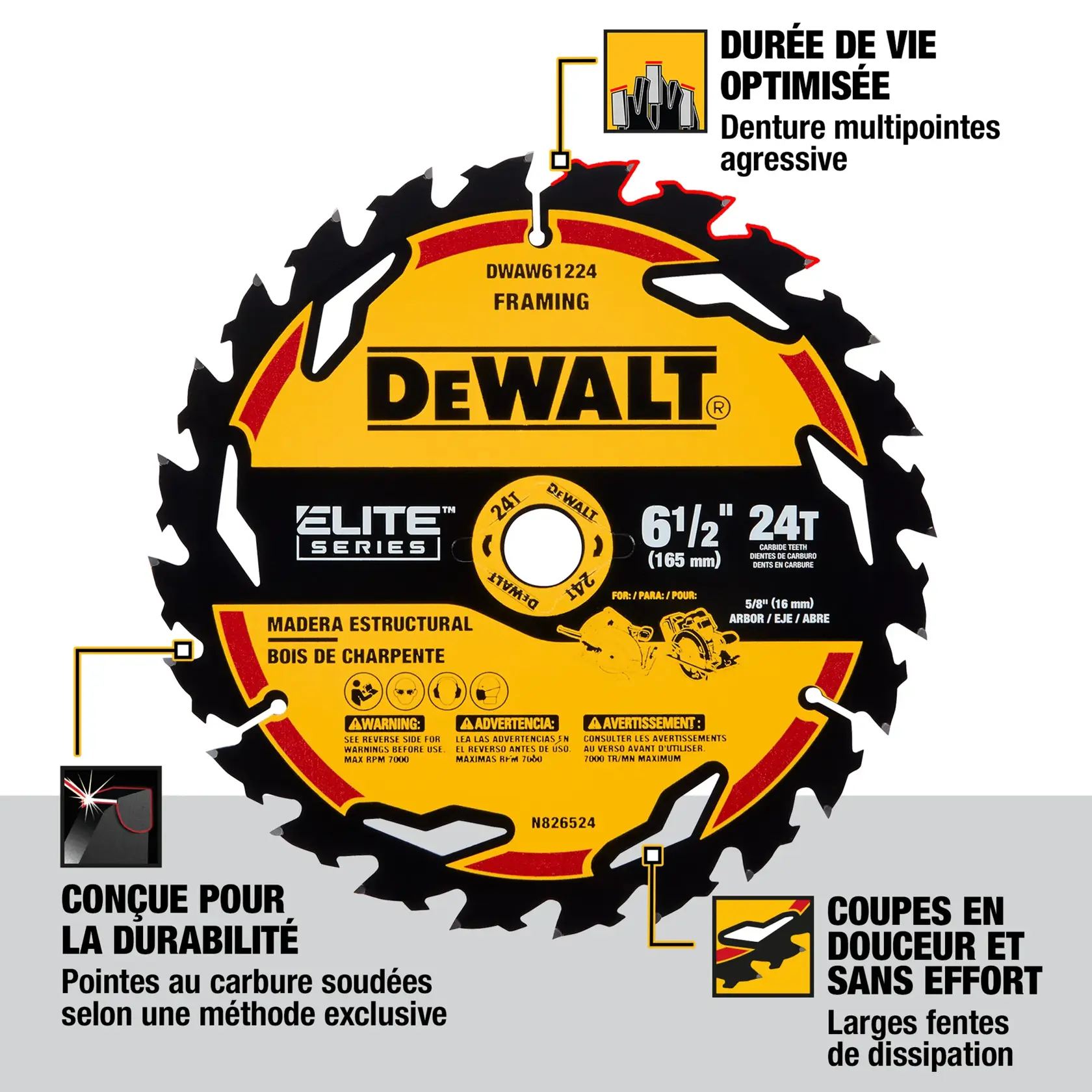 Image of a DEWALT 6-1/2 inch (165mm) 24-tooth framing saw blade from the Elite Series, SKU DWAW61224. The blade is yellow and black with three highlighted features: aggressive multi-tooth design for long life, proprietary welded carbide tip for durability, and large heat vents for cool, effortless, smooth cuts. Product warnings and specifications are also visible on the blade.
