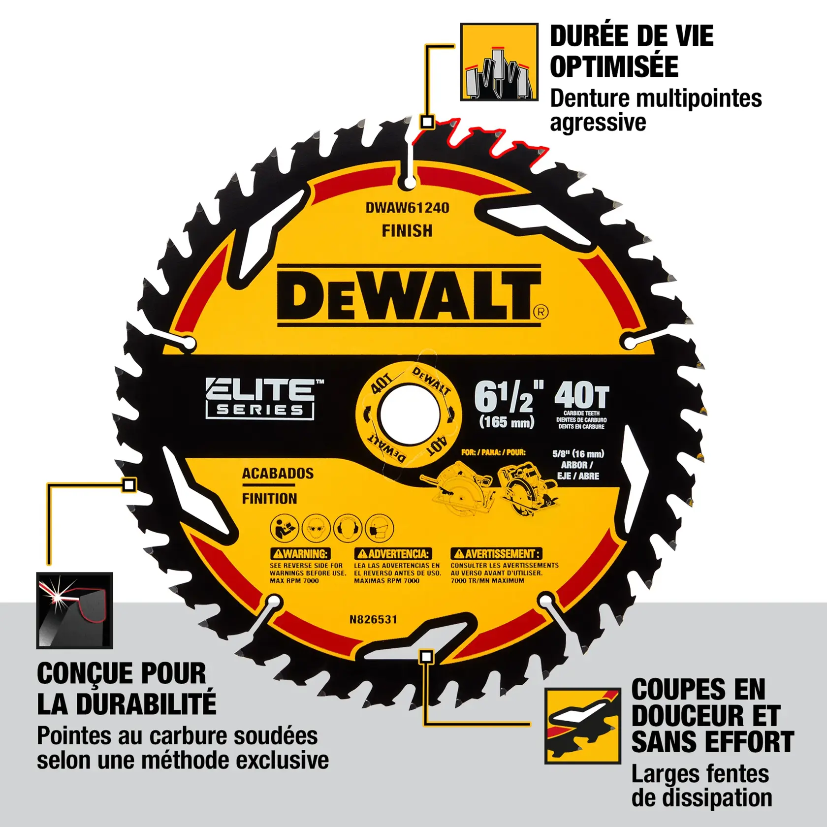 A DEWALT Elite Series circular saw blade, model DWAW61240, 6-1/2 inches (165 mm) with 40 carbide teeth, featuring a yellow and black design. The blade is labeled 'Finish' and highlights three key features: aggressive multi-tooth design for long life, welded carbide tips for durability, and large heat vents for smooth, cool cuts.