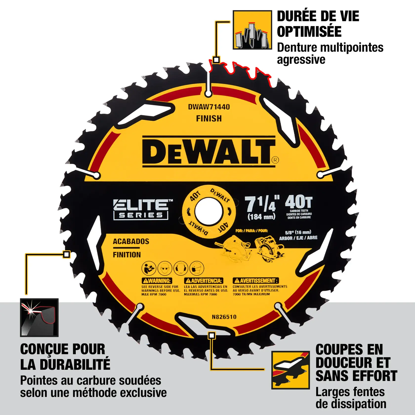 DEWALT Elite Series 7-1/4 inch, 40 tooth circular saw blade. The image highlights features: an aggressive multi-tooth design for long life, proprietary welded carbide tips for durability, and large heat vents for effortless, smooth cuts. Product code DWAW71440.