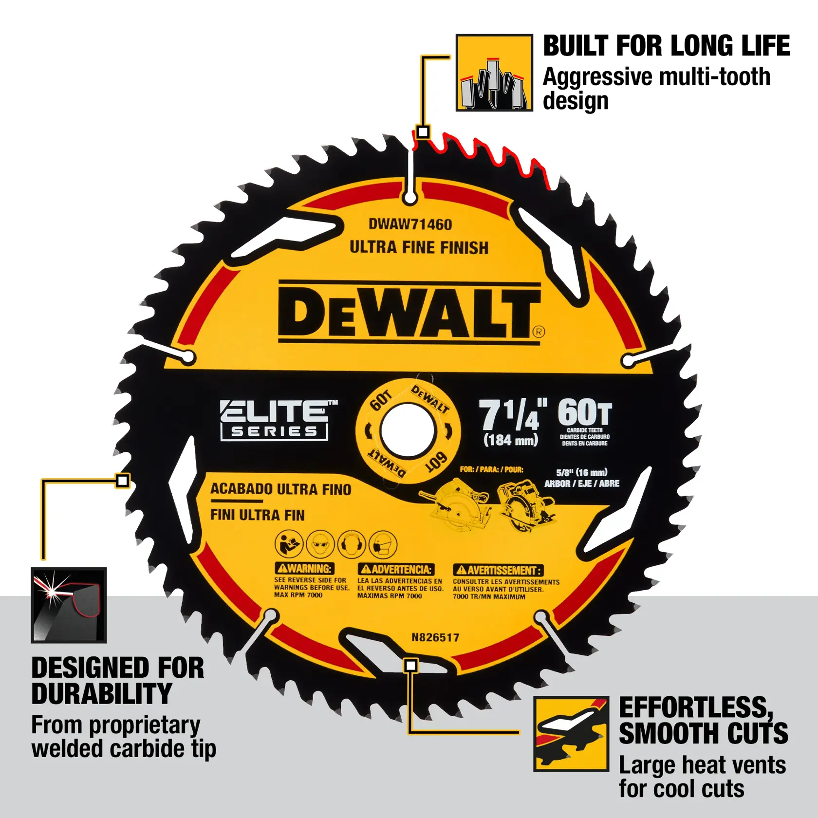 A DEWALT Elite Series 7 1/4-inch, 60-tooth circular saw blade, featuring an ultra fine finish. The blade highlights its aggressive multi-tooth design for long life, a proprietary welded carbide tip for durability, and large heat vents for effortless and smooth cuts.