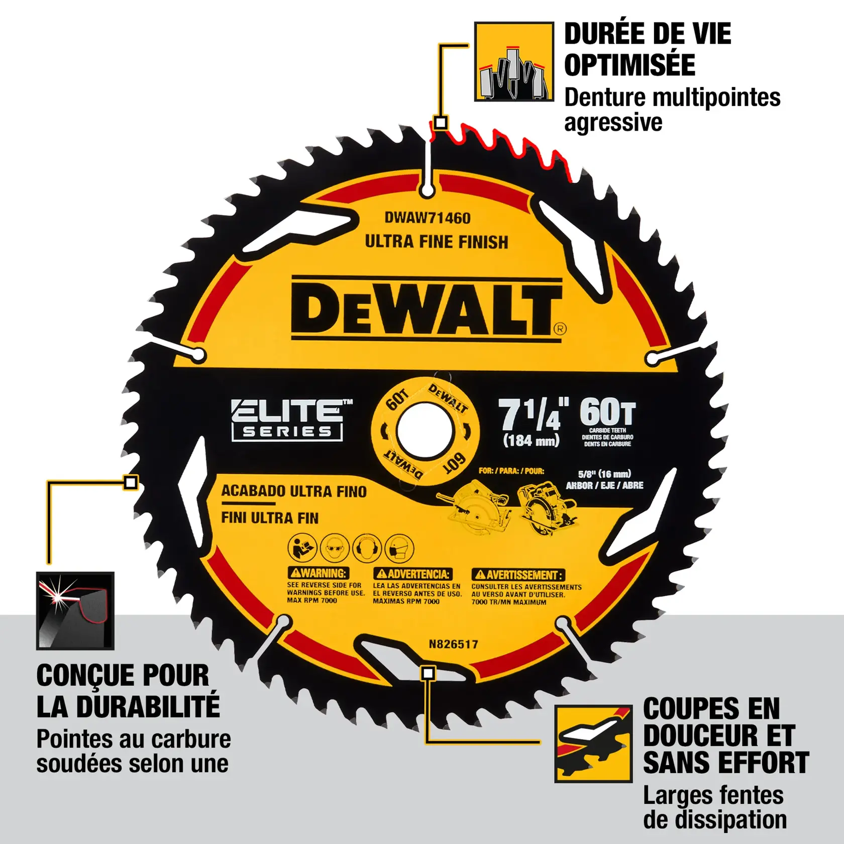 A DEWALT Elite Series 7 1/4-inch, 60-tooth circular saw blade, featuring an ultra fine finish. The blade highlights its aggressive multi-tooth design for long life, a proprietary welded carbide tip for durability, and large heat vents for effortless and smooth cuts.