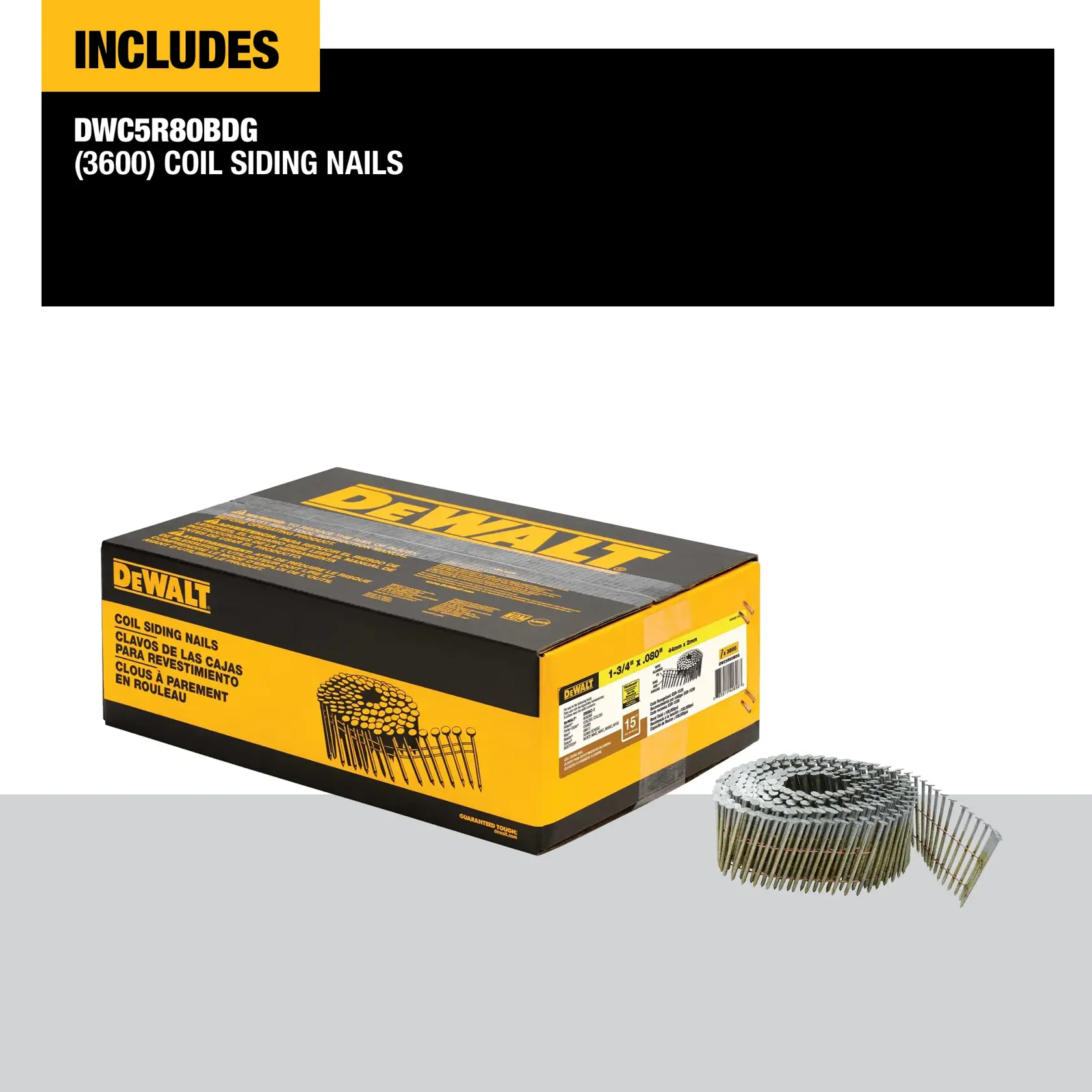 A box of DEWALT coil siding nails (SKU: DWC5R80BDG) with a coil of nails displayed next to the box. The packaging is black and yellow, and the label indicates the box contains 3,600 coil siding nails.