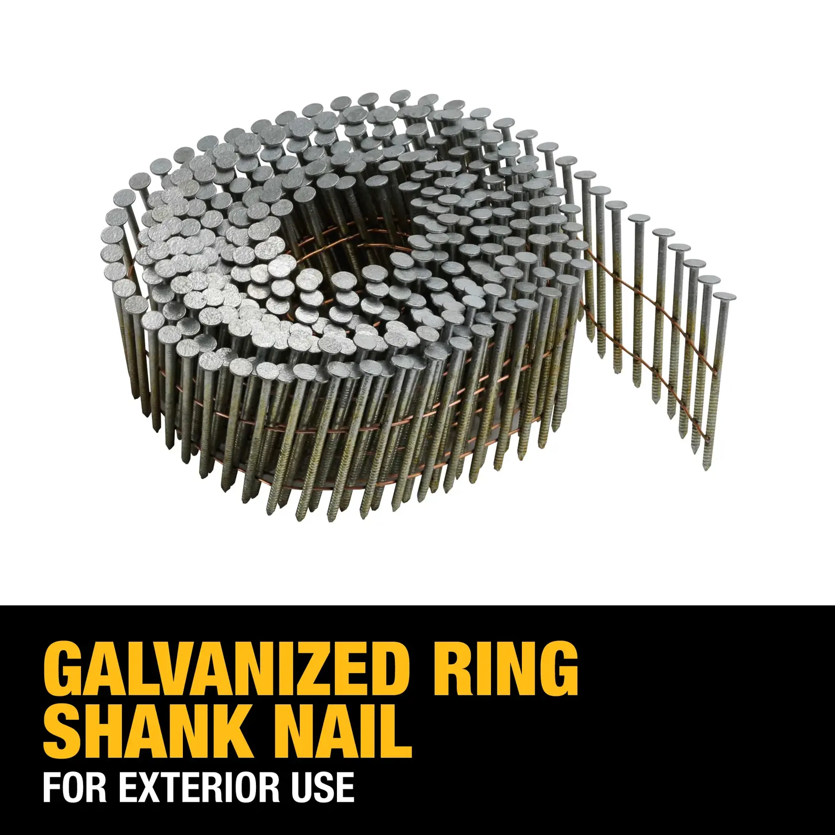 A coil of galvanized ring shank nails designed for exterior use, shown with a black and yellow label stating 'GALVANIZED RING SHANK NAIL FOR EXTERIOR USE.'
