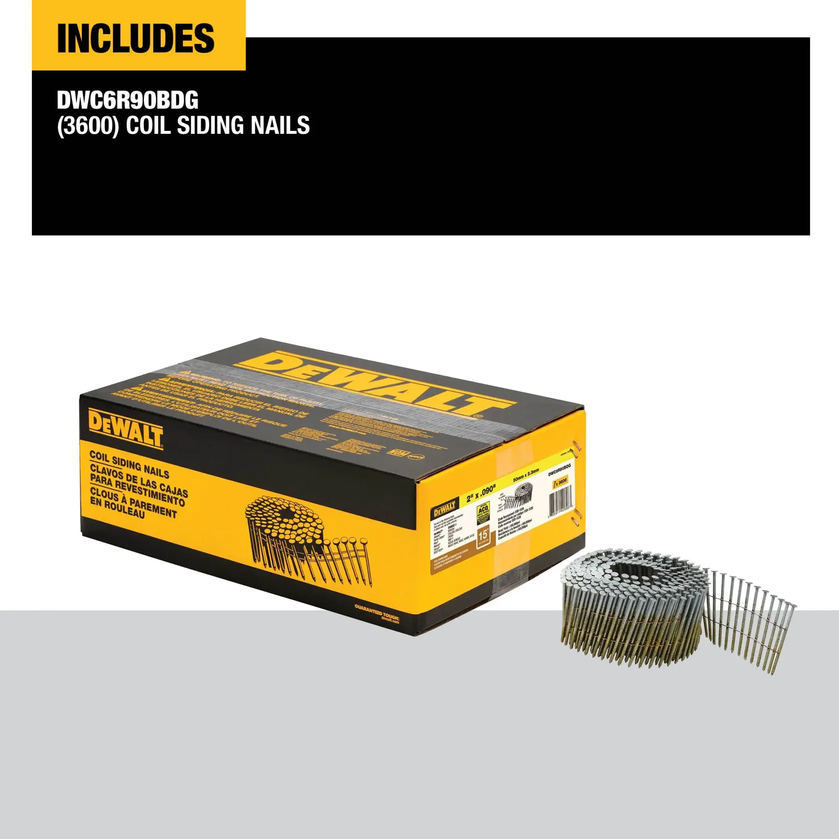 A box of DEWALT coil siding nails, SKU DWC6R90BDG, containing 3600 nails. The box is black and yellow, and next to it is a roll of coil siding nails.