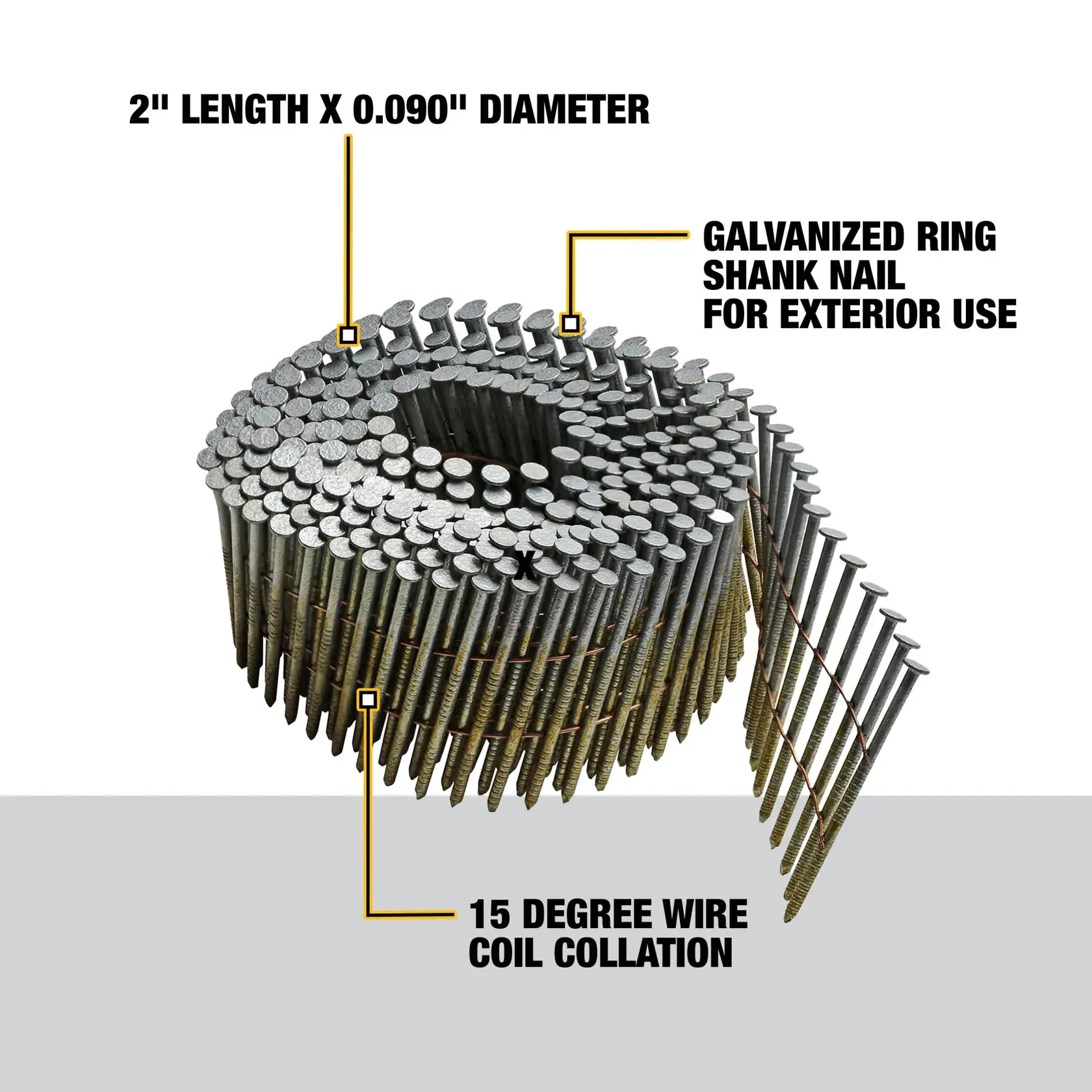 Image of a coil of galvanized ring shank nails for exterior use. The nails are labeled as having a length of 2 inches and a diameter of 0.090 inches, with a 15 degree wire coil collation.