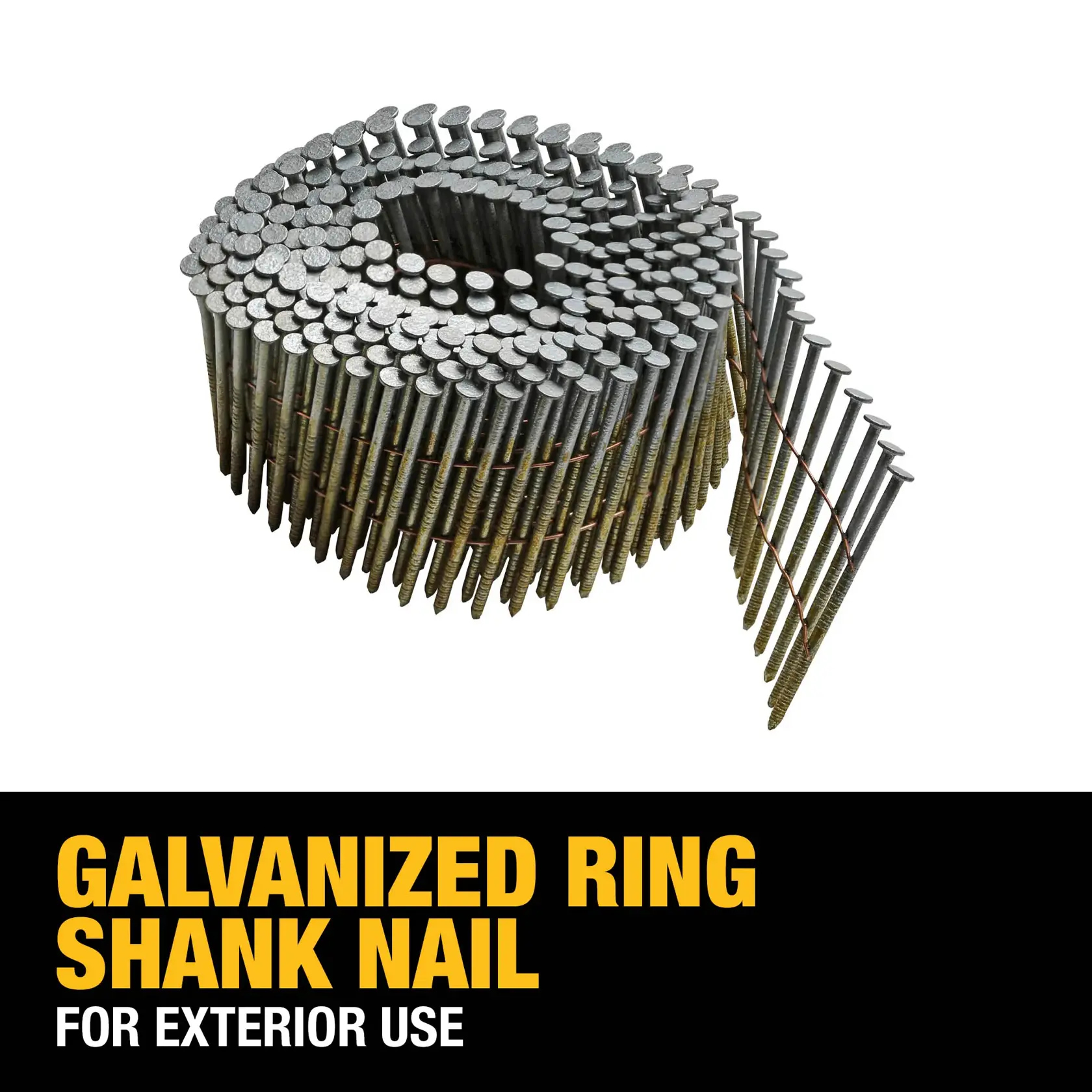 A coil of galvanized ring shank nails for exterior use, with the DEWALT branding and product description displayed below the image.