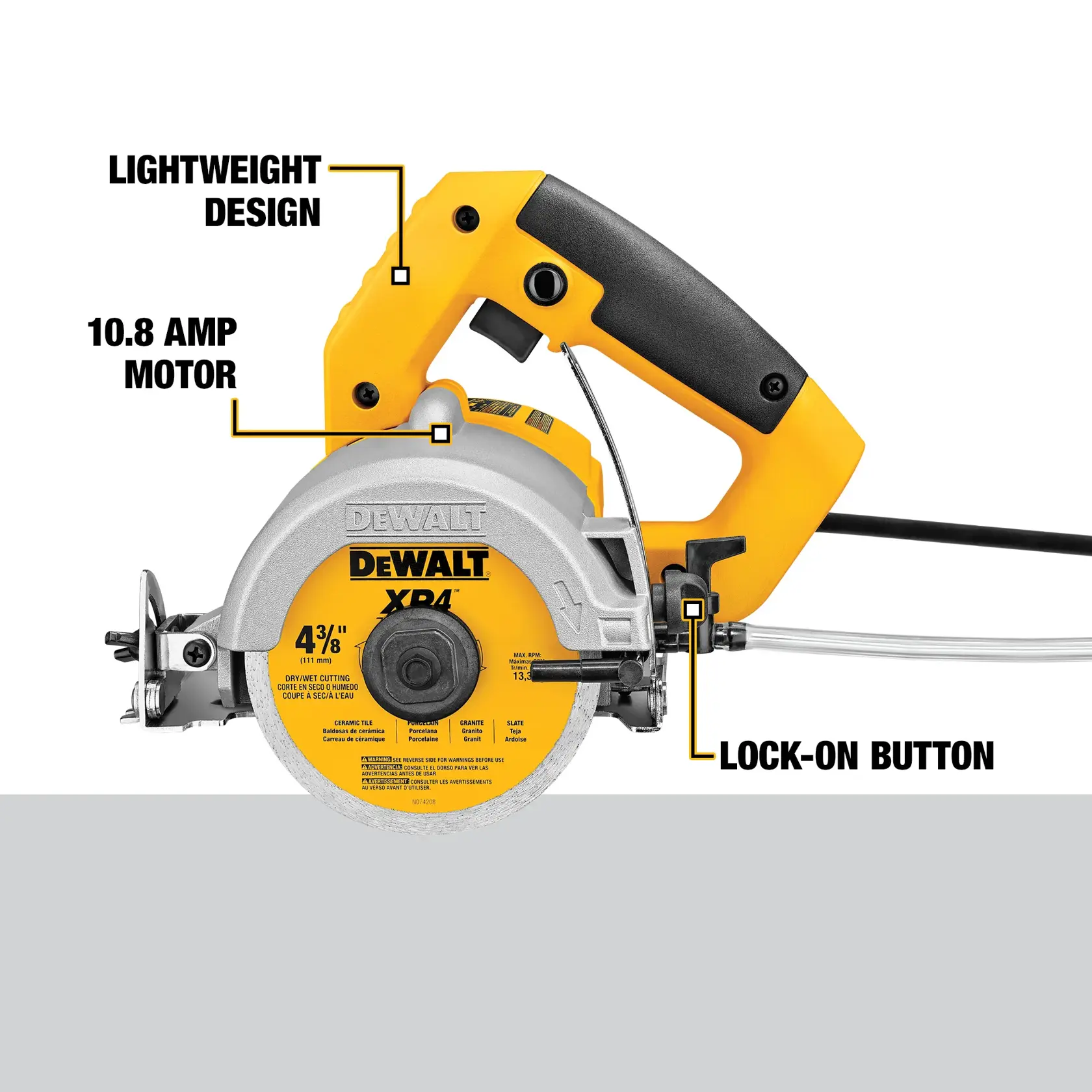 A DEWALT DWC860W electric circular saw with labeled features including a lightweight design, a 10.8 amp motor, and a lock-on button. The saw has a yellow and black handle with a silver blade guard and a yellow blade.