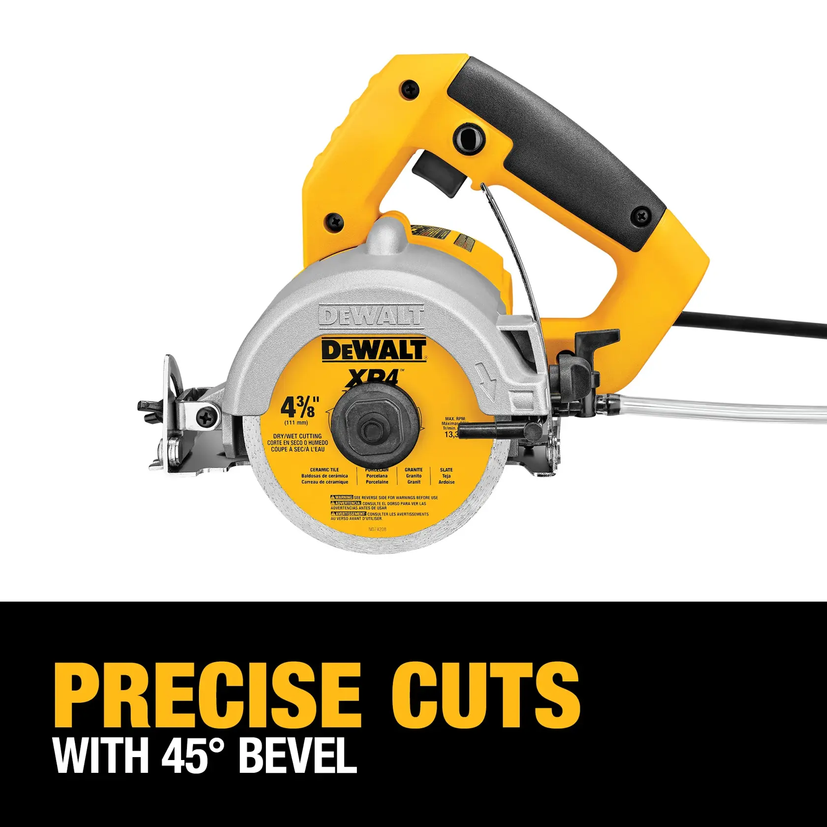 A DEWALT DWC860W handheld tile saw with yellow and black handle and silver blade guard is shown. The circular blade has DEWALT branding and specifications. Text below reads 'Precise Cuts with 45° Bevel'.