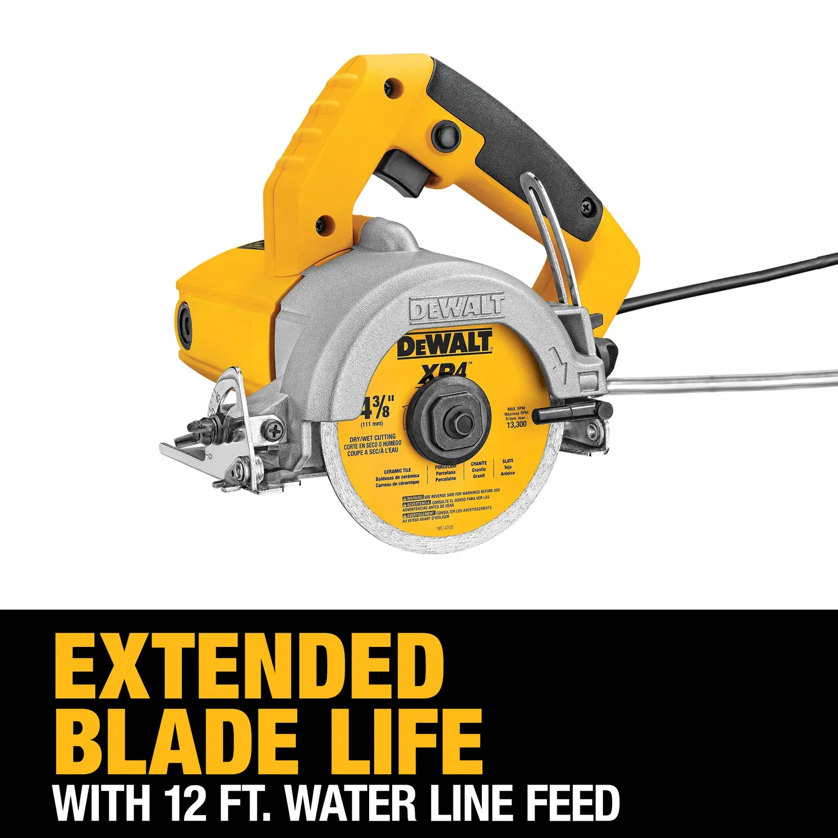 DEWALT DWC860W tile saw with a yellow and silver body, designed for extended blade life and featuring a 12-foot water line feed.
