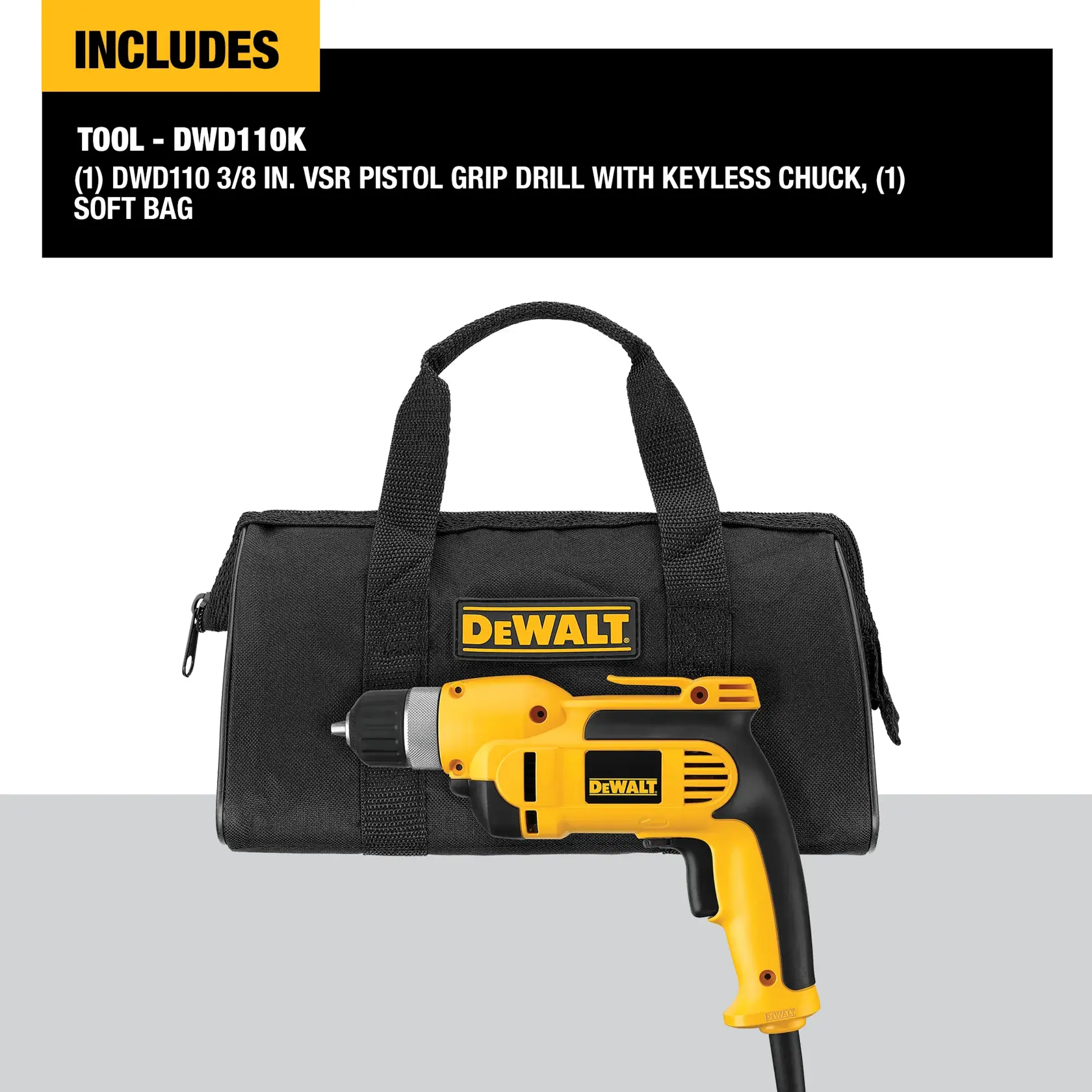 A DEWALT DWD110K tool kit is shown, featuring a yellow and black 3/8 inch VSR pistol grip drill with keyless chuck, placed in front of a black soft DEWALT branded carrying bag.