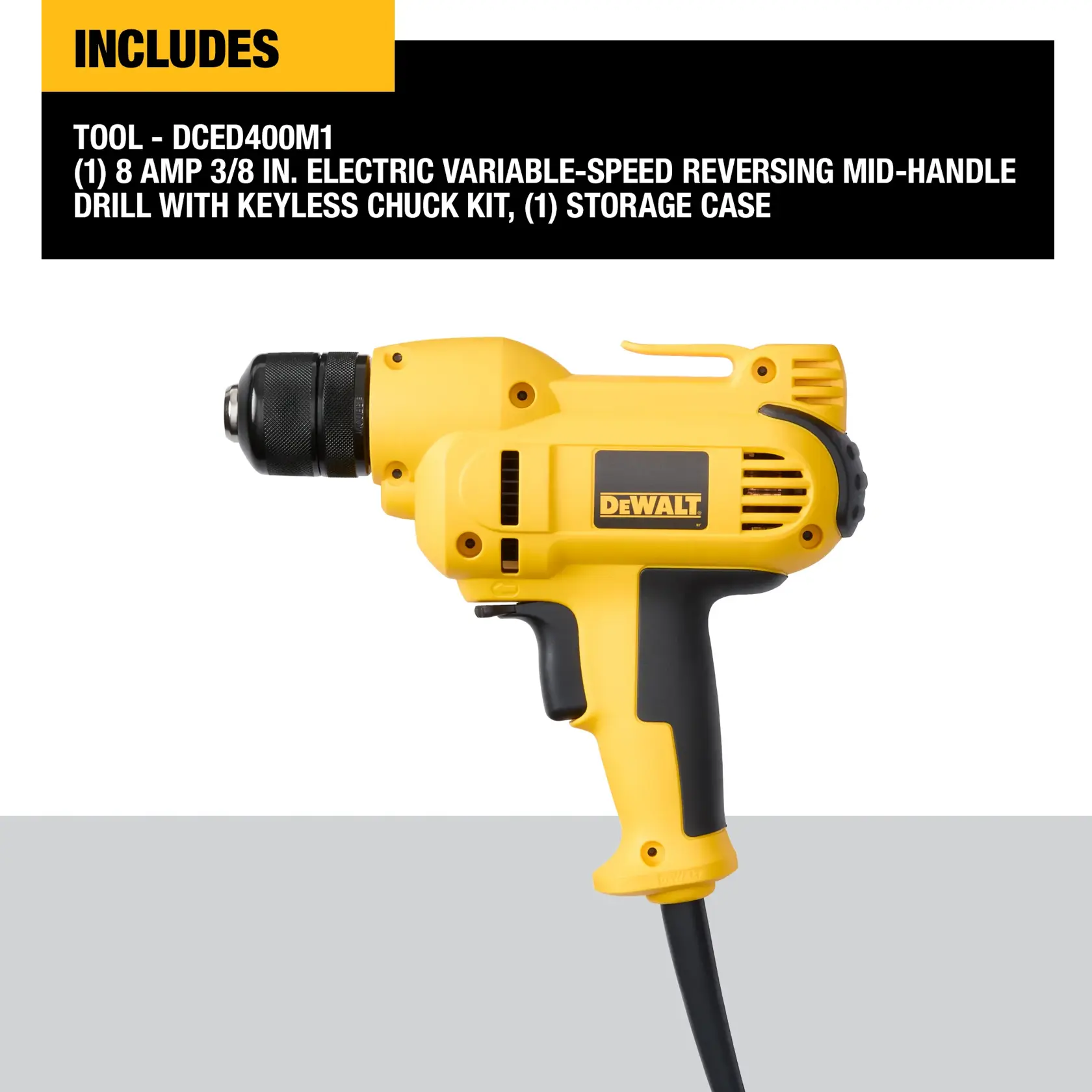 A yellow DEWALT electric drill with an 8 amp motor and 3/8 inch keyless chuck, shown with a black handle. The image includes information about the tool kit contents and storage case.
