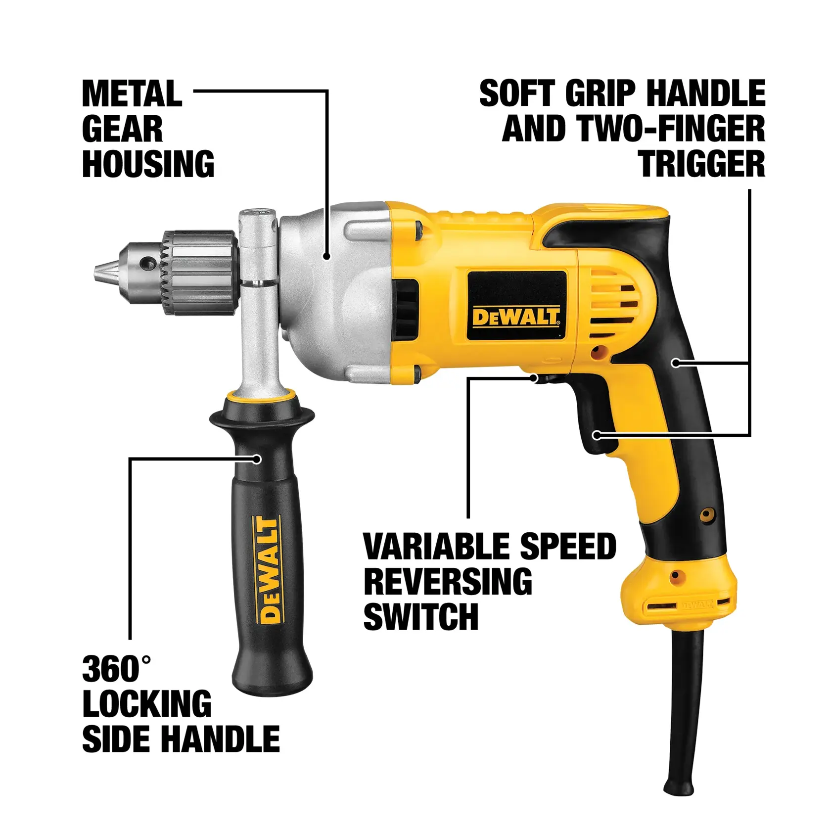 A DEWALT DWD210G corded power drill is shown against a white background, with labeled features pointing to the metal gear housing, soft grip handle and two-finger trigger, 360-degree locking side handle, and variable speed reversing switch.
