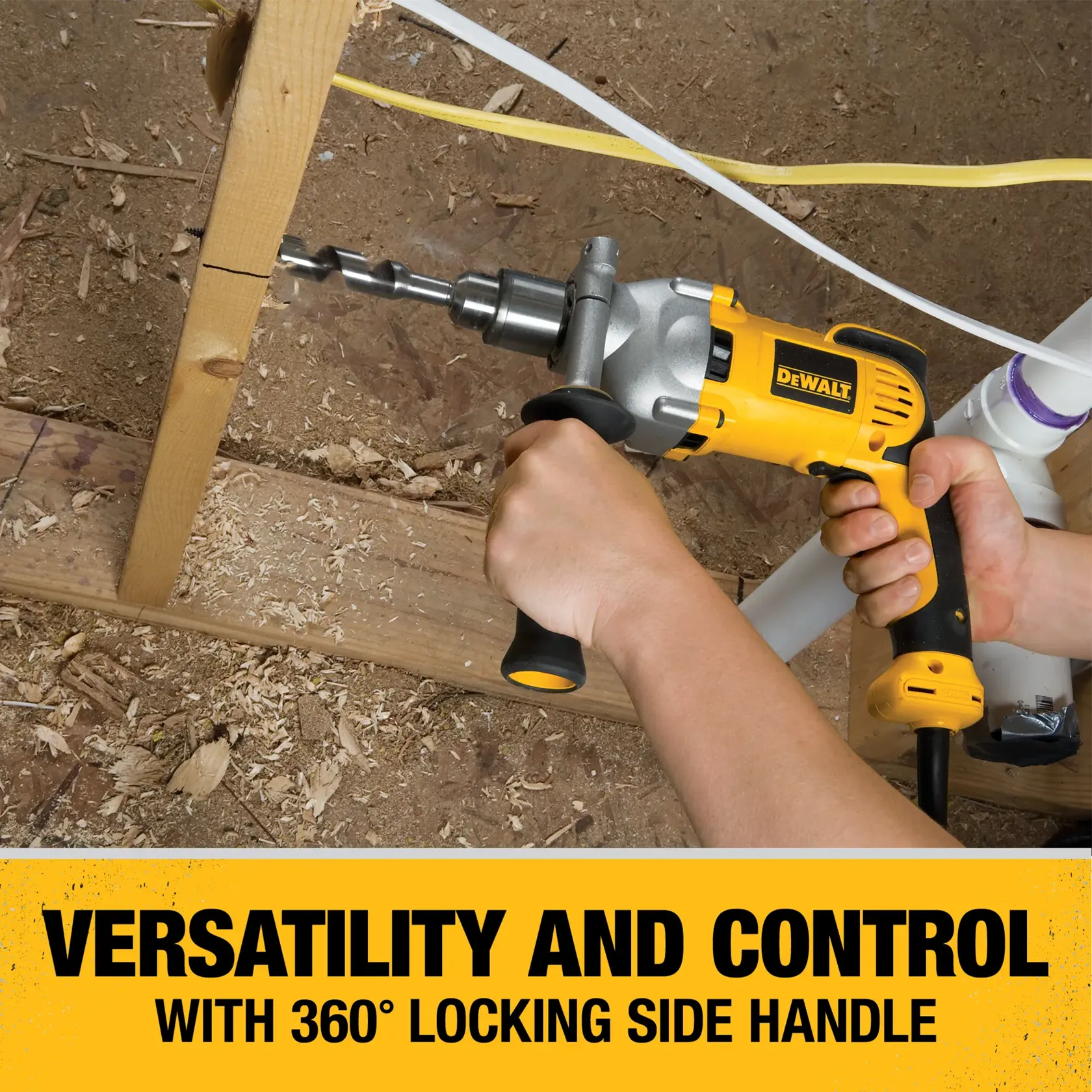 A person uses a DEWALT DWD210G power drill with a 360-degree locking side handle to drill into a wooden beam. The image highlights versatility and control of the tool in a construction or woodworking setting.