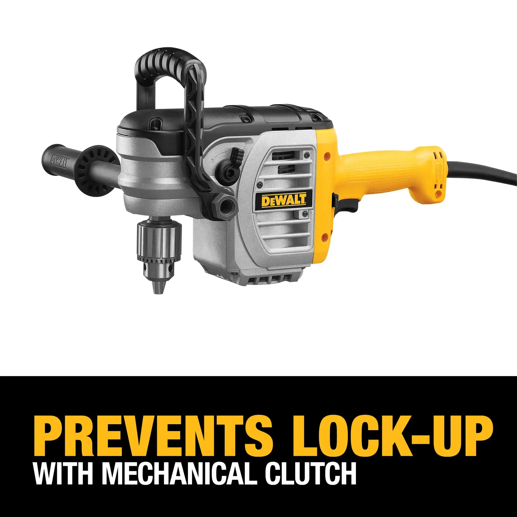 DEWALT DWD450 electric drill with side handle and mechanical clutch feature, shown on a white background above text that says, 'Prevents lock-up with mechanical clutch.'