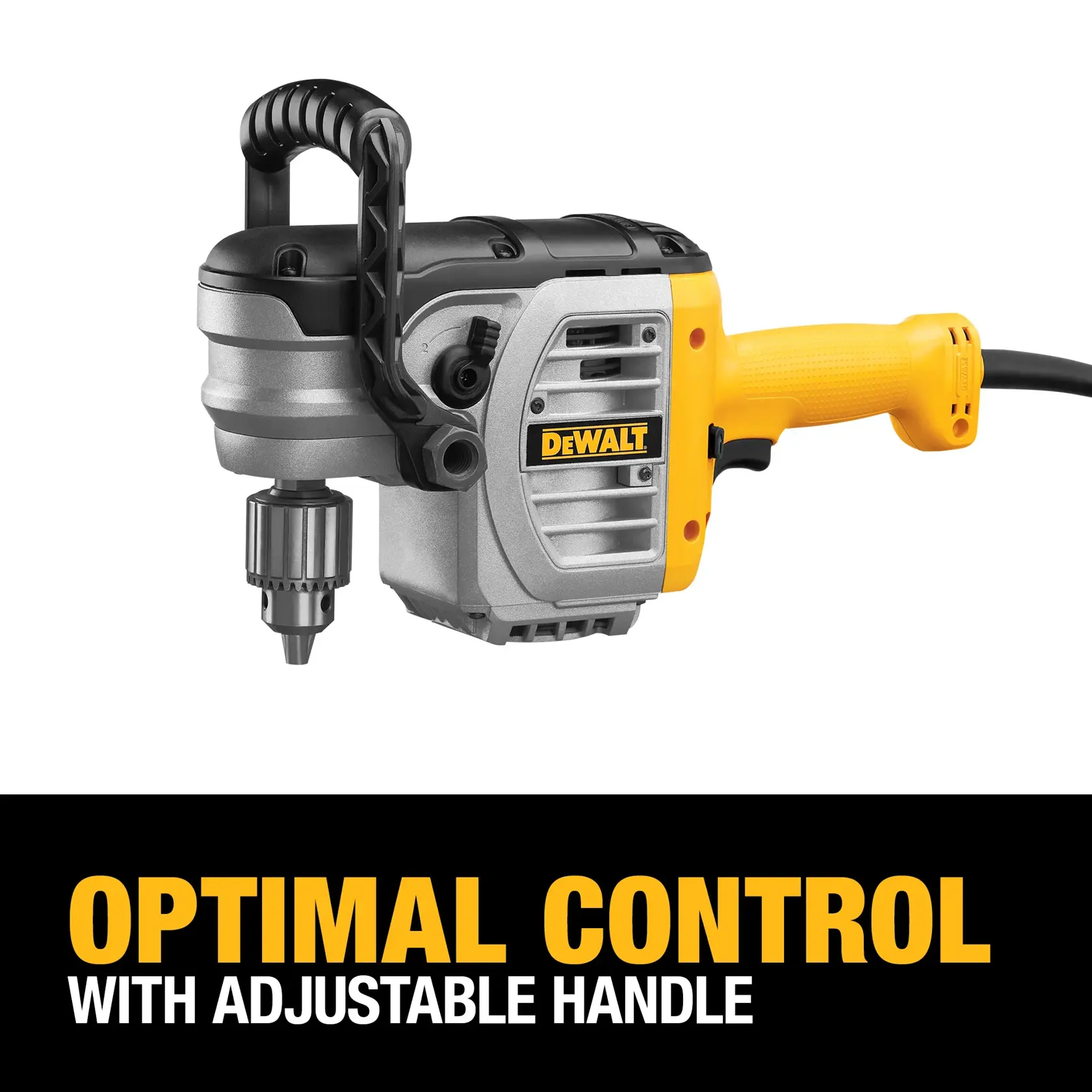 A DEWALT DWD450 electric drill with an adjustable handle is shown against a white background. Below, there is text that reads: 'Optimal control with adjustable handle.'