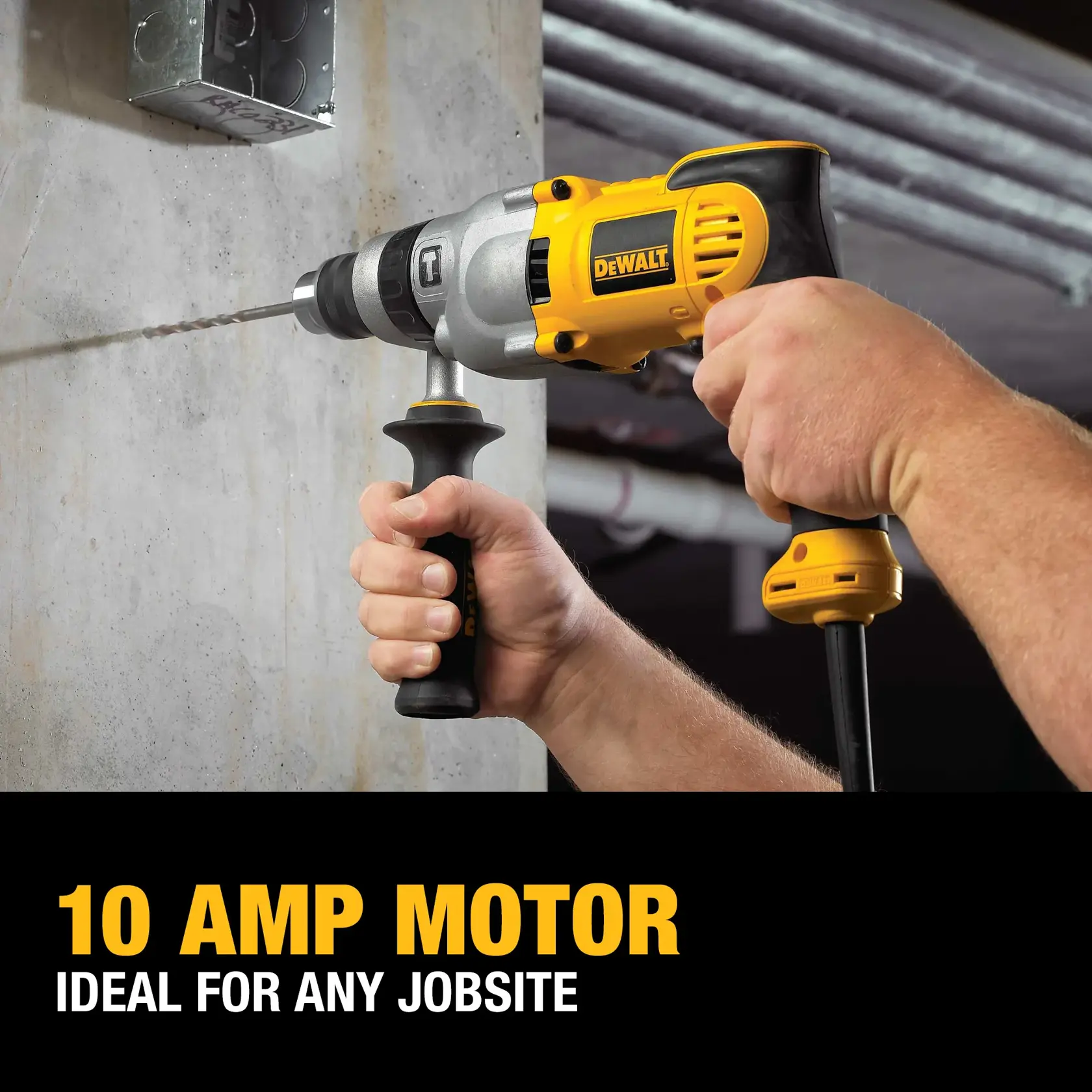 A person using a DEWALT corded electric drill with a side handle to drill into a concrete wall. The image highlights the drill's 10 amp motor, stating it is ideal for any jobsite.