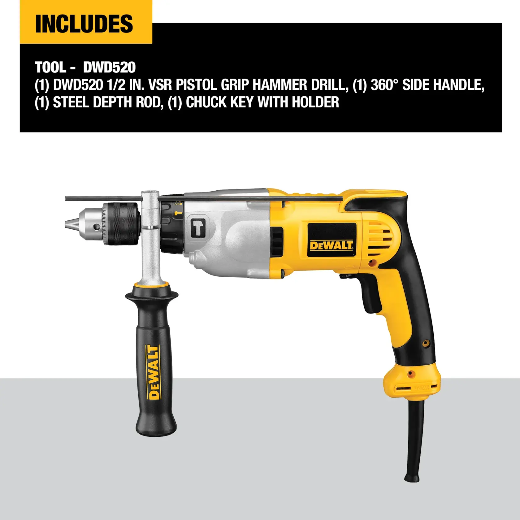 The image shows a DEWALT DWD520 1/2 inch VSR pistol grip hammer drill with a yellow and black design. The drill is equipped with a 360-degree side handle, a steel depth rod, and a chuck key with holder. The packaging text lists the included items: the hammer drill, side handle, steel depth rod, and chuck key with holder.