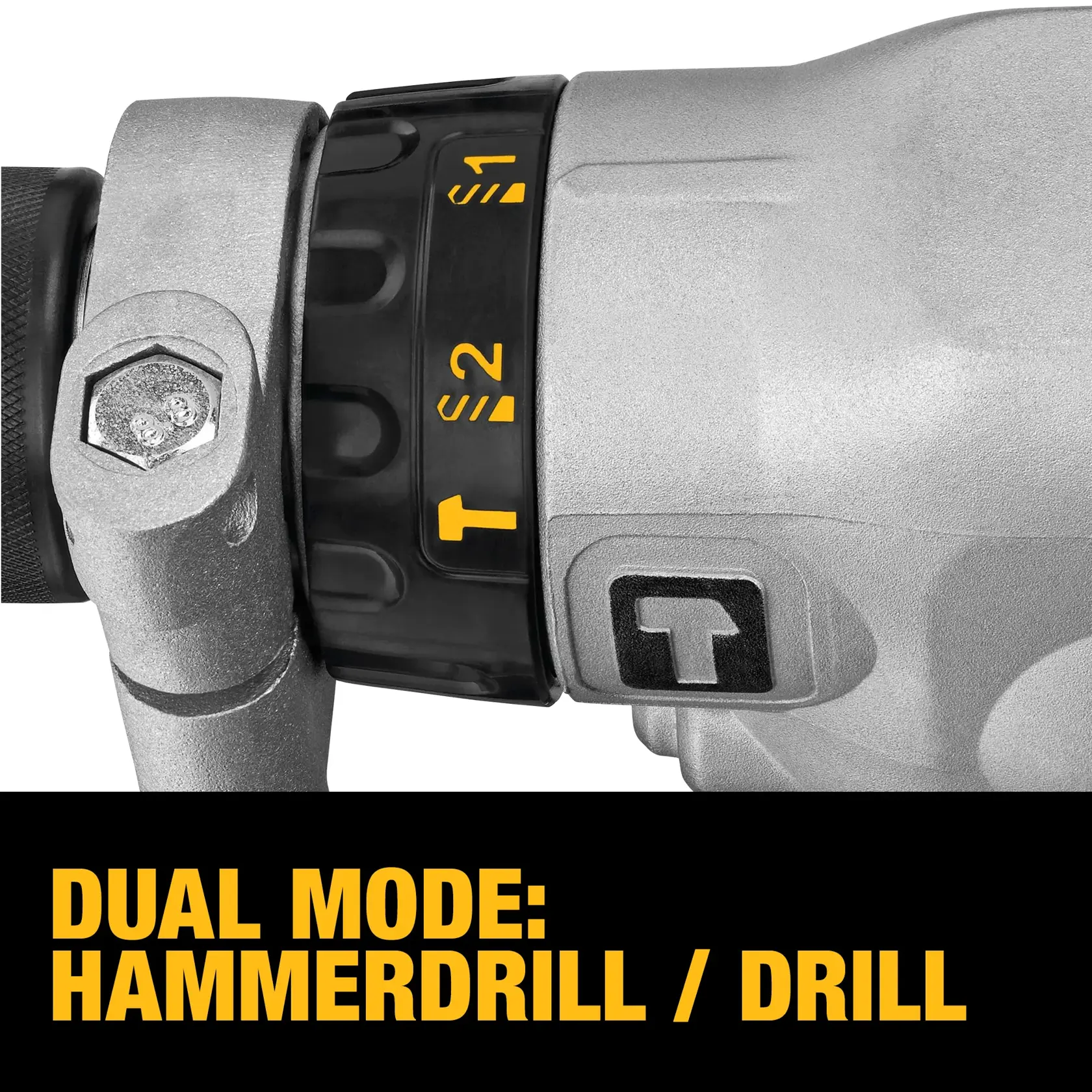 Close-up of a DEWALT drill showing the dual mode settings for hammerdrill and drill, with highlighted yellow numbers and text indicating, 'DUAL MODE: HAMMERDRILL / DRILL.'