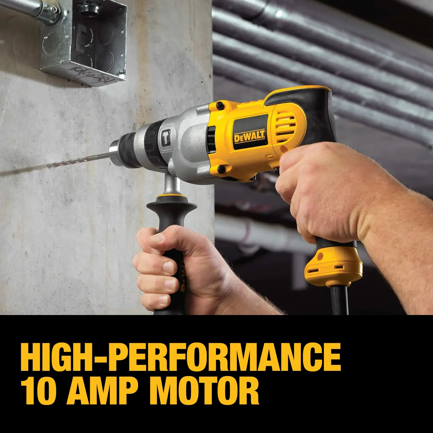 A person is using a DEWALT DWD520 electric drill with a yellow and black design to drill into a concrete wall. The image highlights the drill's high-performance 10 amp motor.