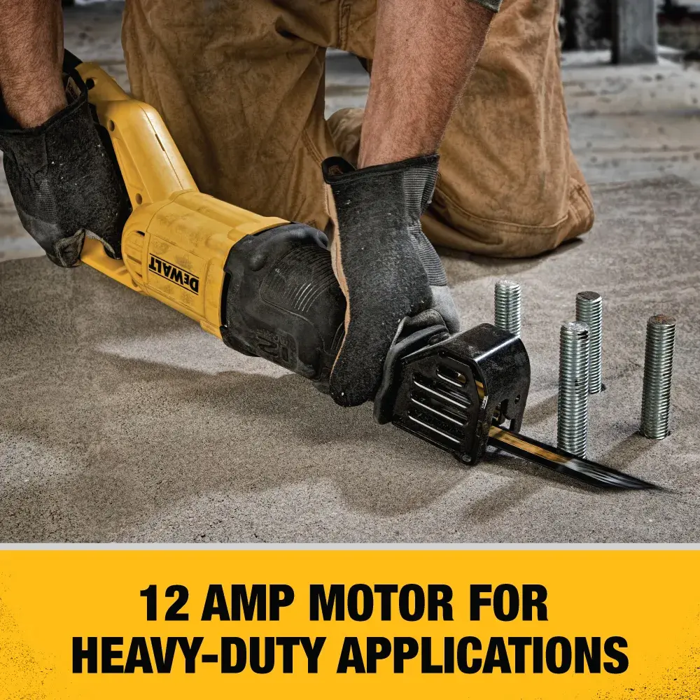 A person wearing work gloves uses a DEWALT reciprocating saw to cut metal rods on a concrete floor. Text below reads: '12 AMP MOTOR FOR HEAVY-DUTY APPLICATIONS.'