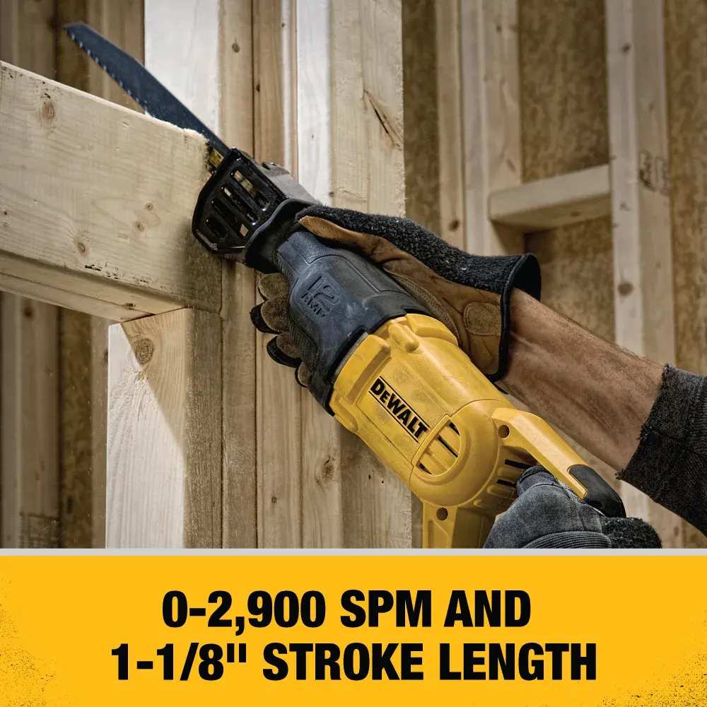 A DEWALT reciprocating saw being used to cut a wooden beam. The worker is wearing gloves and the saw's specifications are highlighted: 0-2,900 SPM and 1-1/8 inch stroke length.