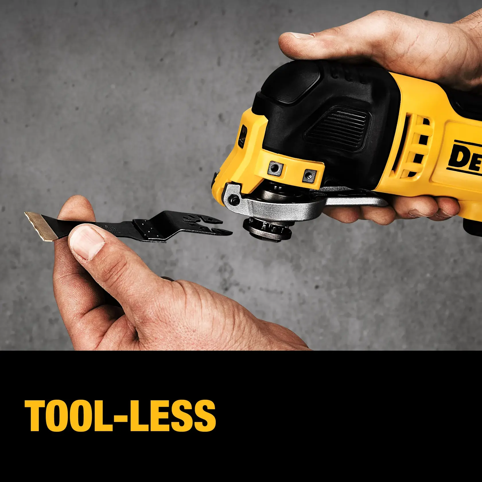 Close-up of hands attaching a blade to a DEWALT oscillating multi-tool without the use of additional tools, with the words 'TOOL-LESS' in yellow below.