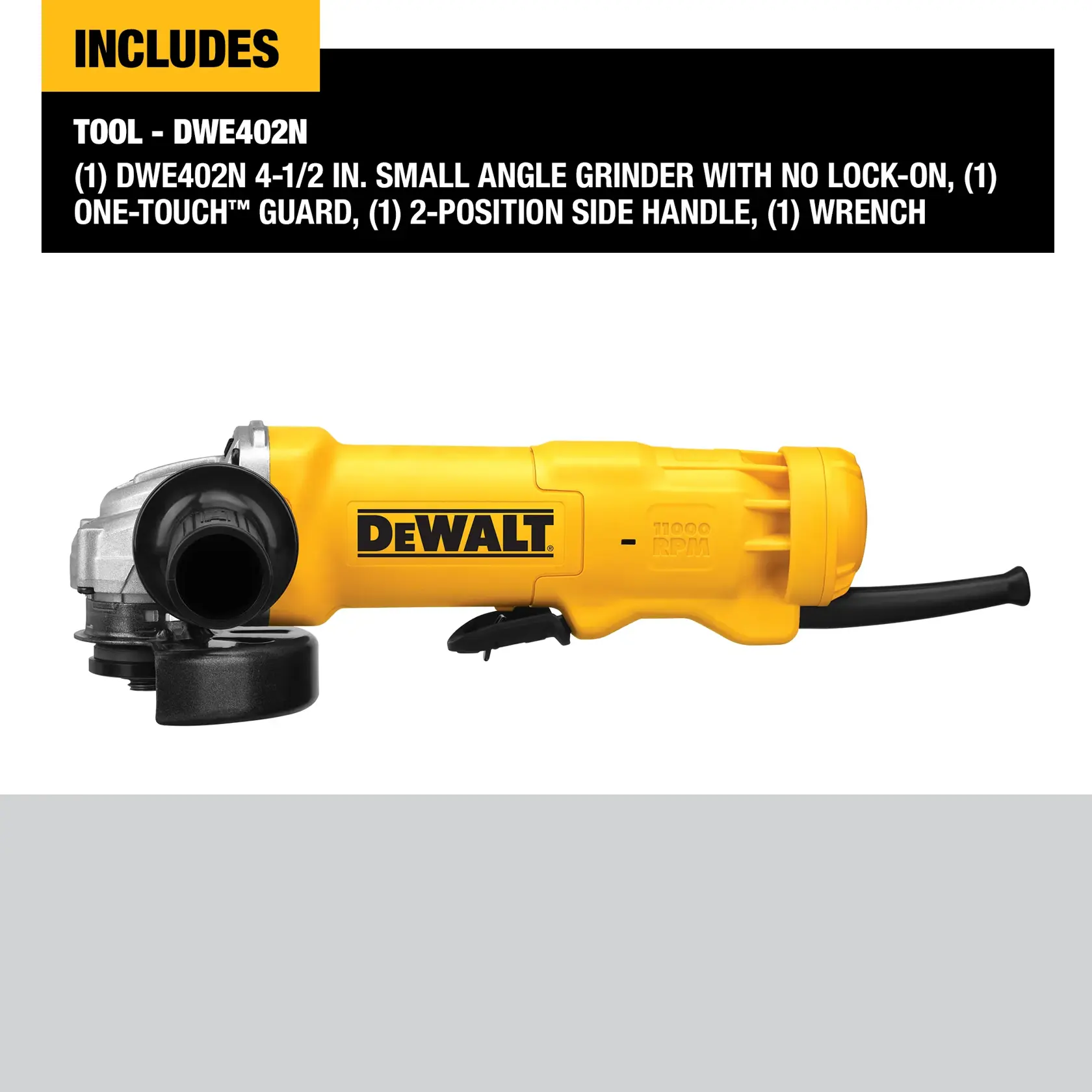 Image of a yellow DEWALT DWE402N 4-1/2 inch small angle grinder with no lock-on. The grinder includes a One-Touch guard, a 2-position side handle, and a wrench. The tool is displayed on a plain background with a description panel above it.