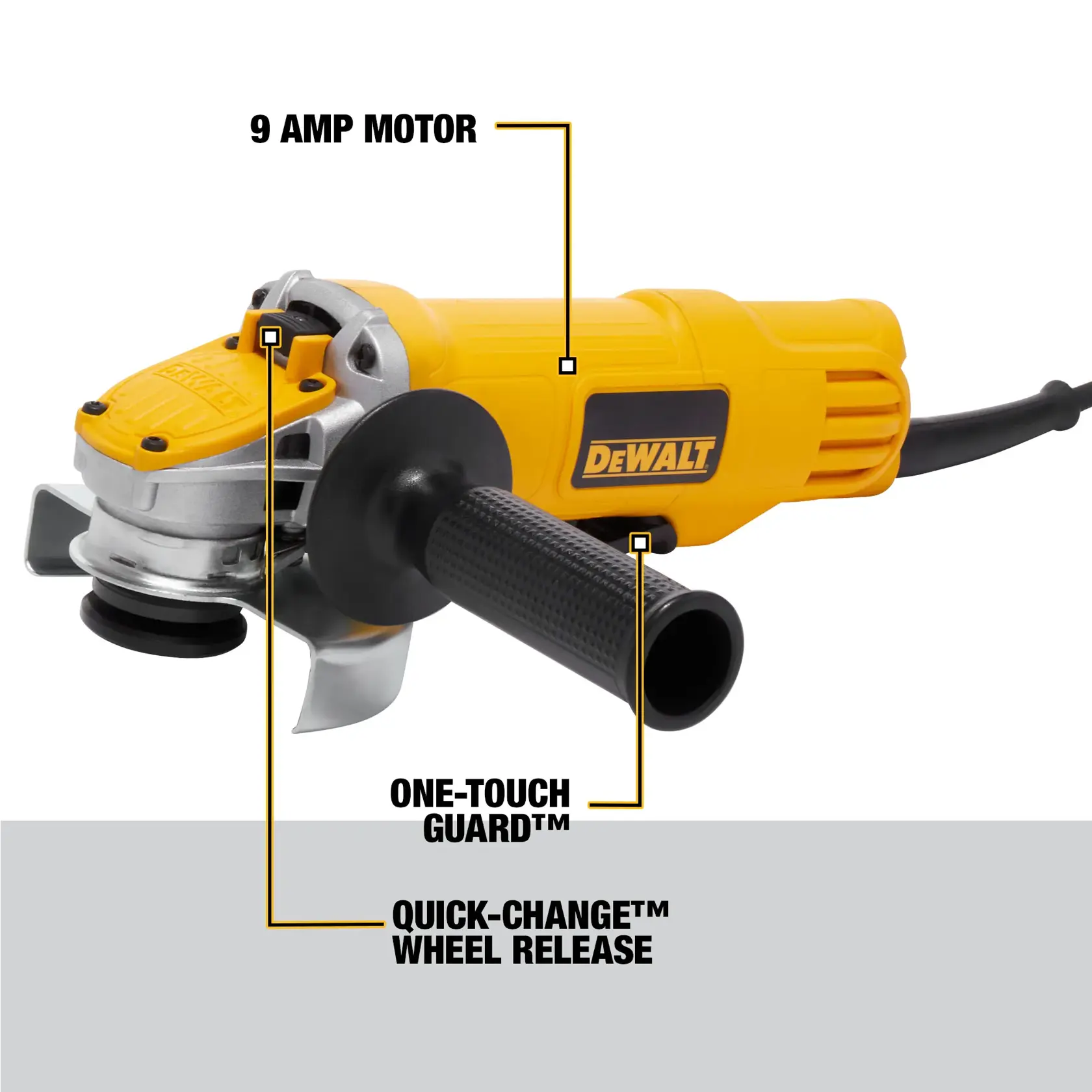 A yellow DEWALT angle grinder featuring a 9 amp motor, One-Touch Guard™, and Quick-Change™ Wheel Release. The tool has a side handle and highlighted product features with text labels.