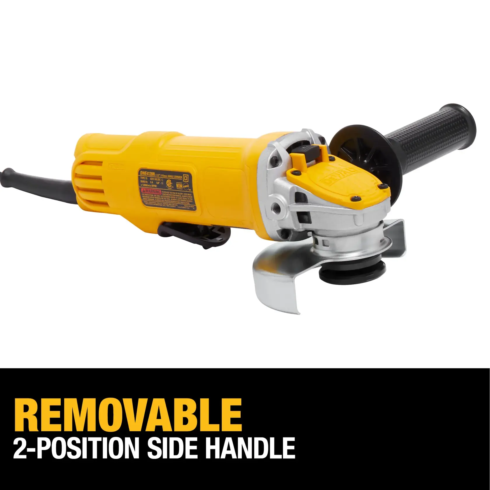 A yellow DEWALT angle grinder with a removable two-position side handle is shown. The grinder is displayed against a white background, and text below describes the removable side handle feature.
