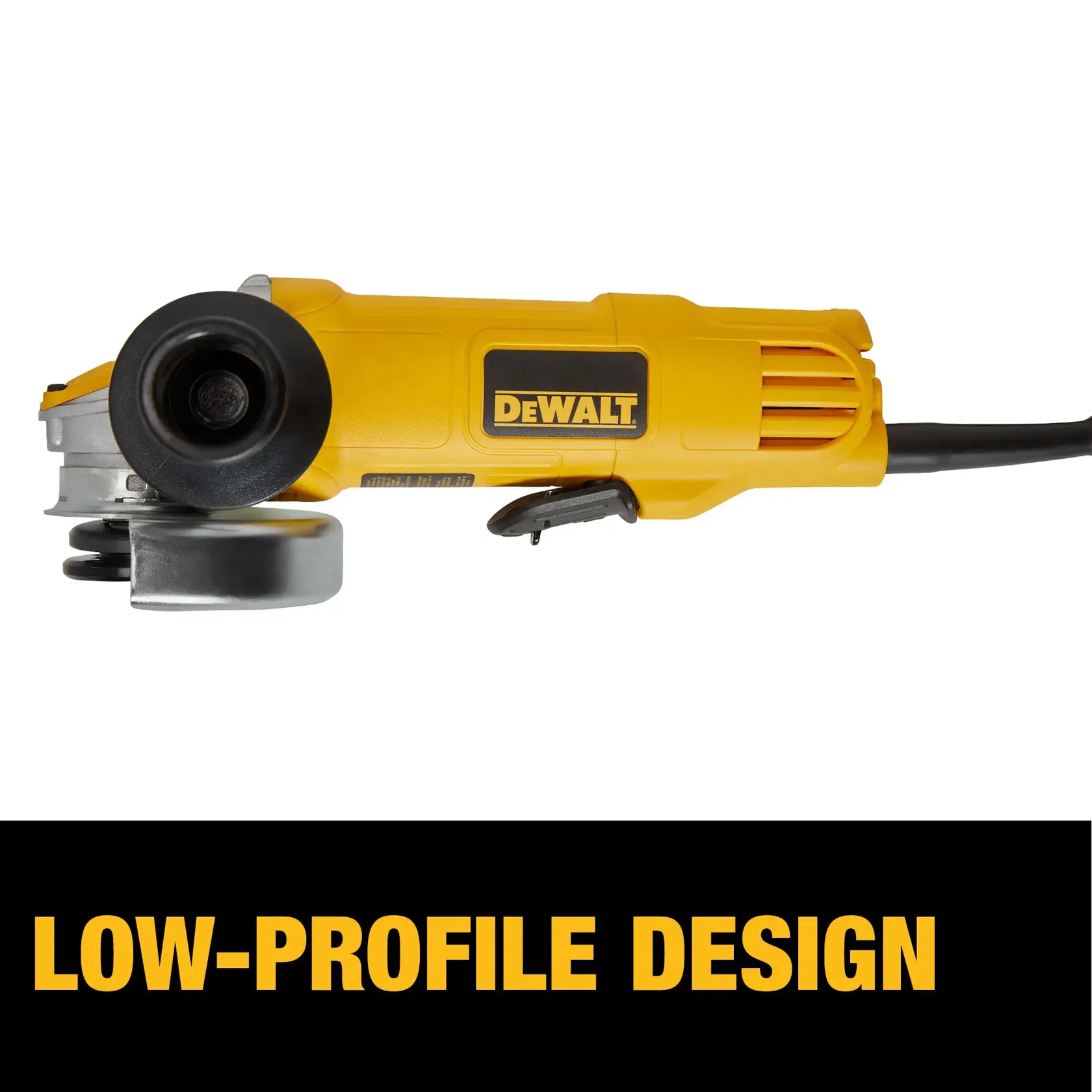 A DEWALT DWE4120N angle grinder with a yellow casing and black DEWALT logo. The grinder features a low-profile design, highlighted by the text in bold yellow letters on a black background.