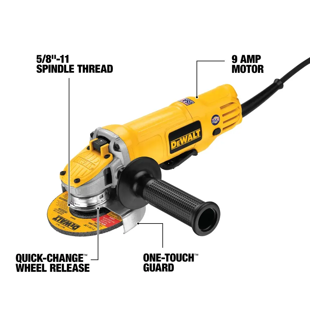 A DEWALT DWE4120 angle grinder with labeled features including a 5/8"-11 spindle thread, a 9 amp motor, quick-change wheel release, and a one-touch guard.
