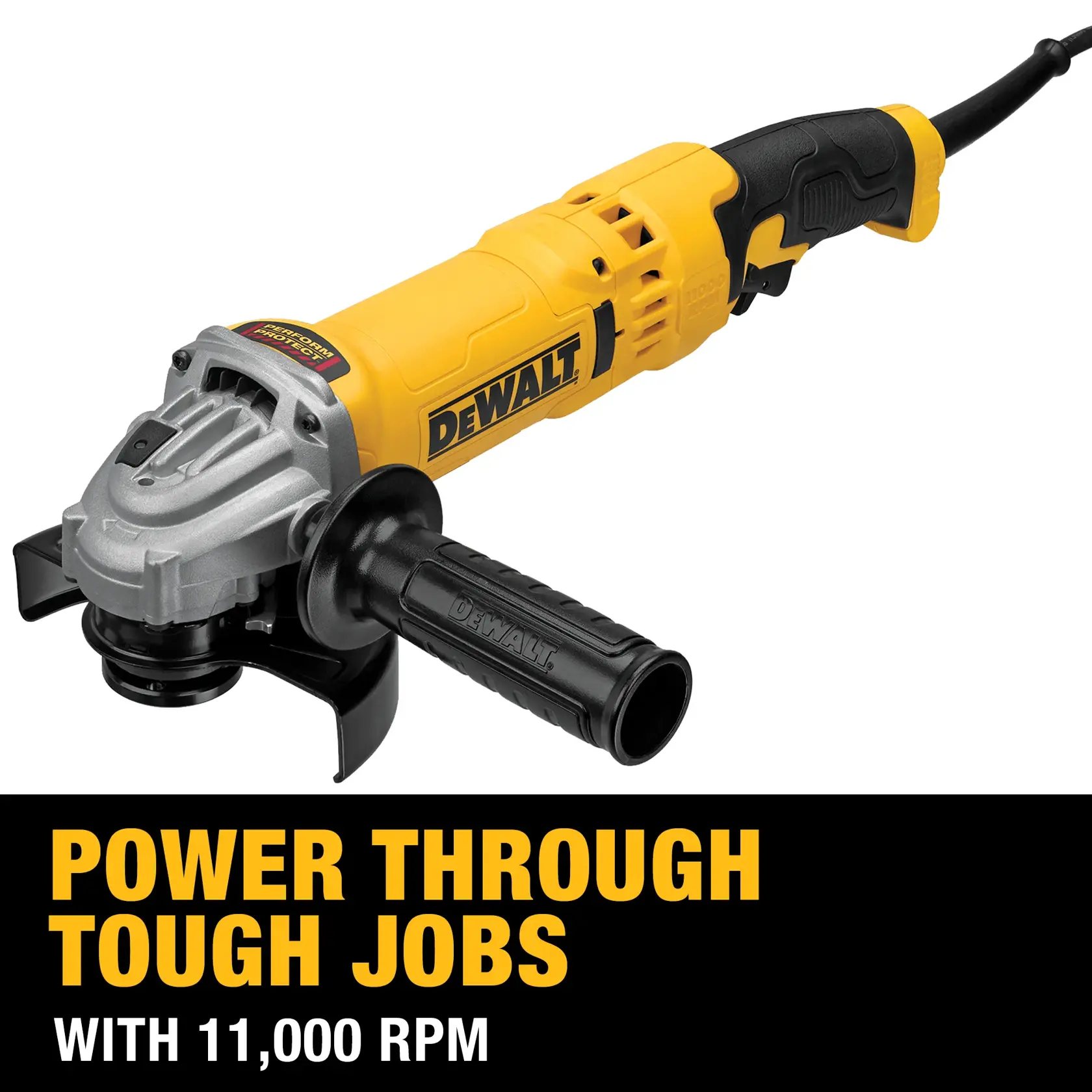 A DEWALT angle grinder, model DWE43115, shown with a yellow and black design and side handle. Text below the product reads 'Power through tough jobs with 11,000 RPM.'