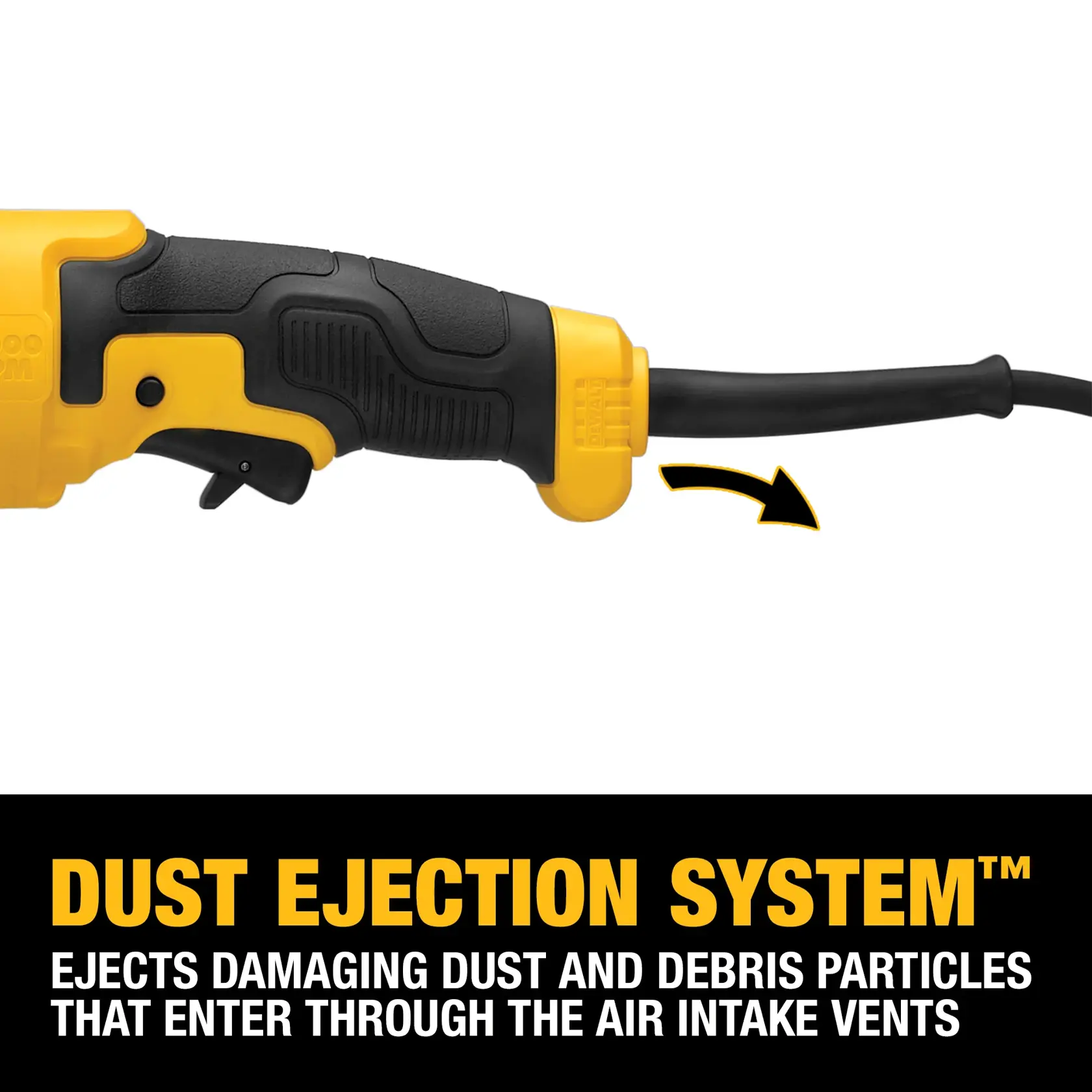 Close-up of a DEWALT power tool handle with black and yellow accents, featuring a Dust Ejection System that ejects damaging dust and debris particles entering through air intake vents. Text description below emphasizes the Dust Ejection System.