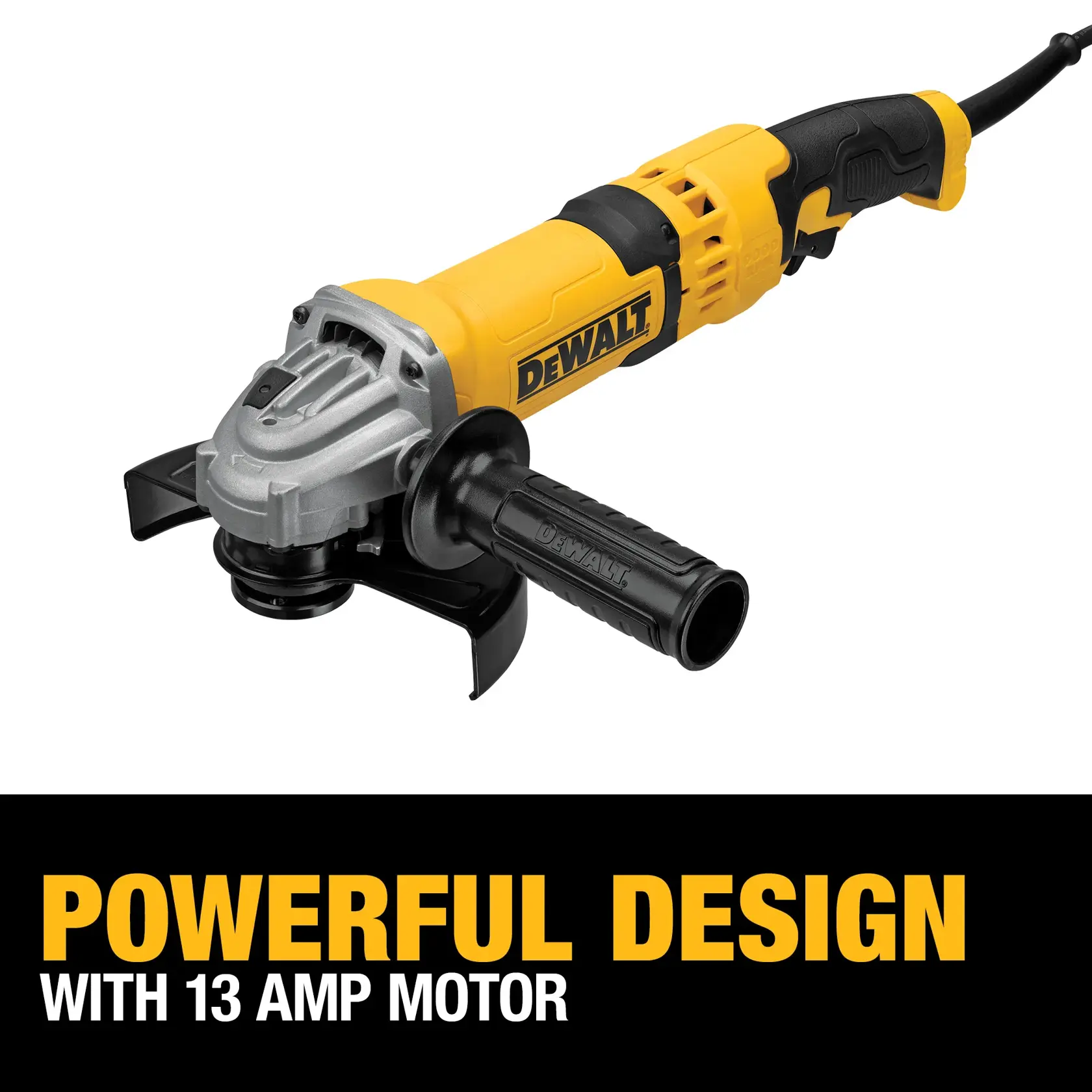 A DEWALT angle grinder with a yellow and black body, featuring a side handle and a corded design. Text below the tool reads: 'POWERFUL DESIGN WITH 13 AMP MOTOR.'