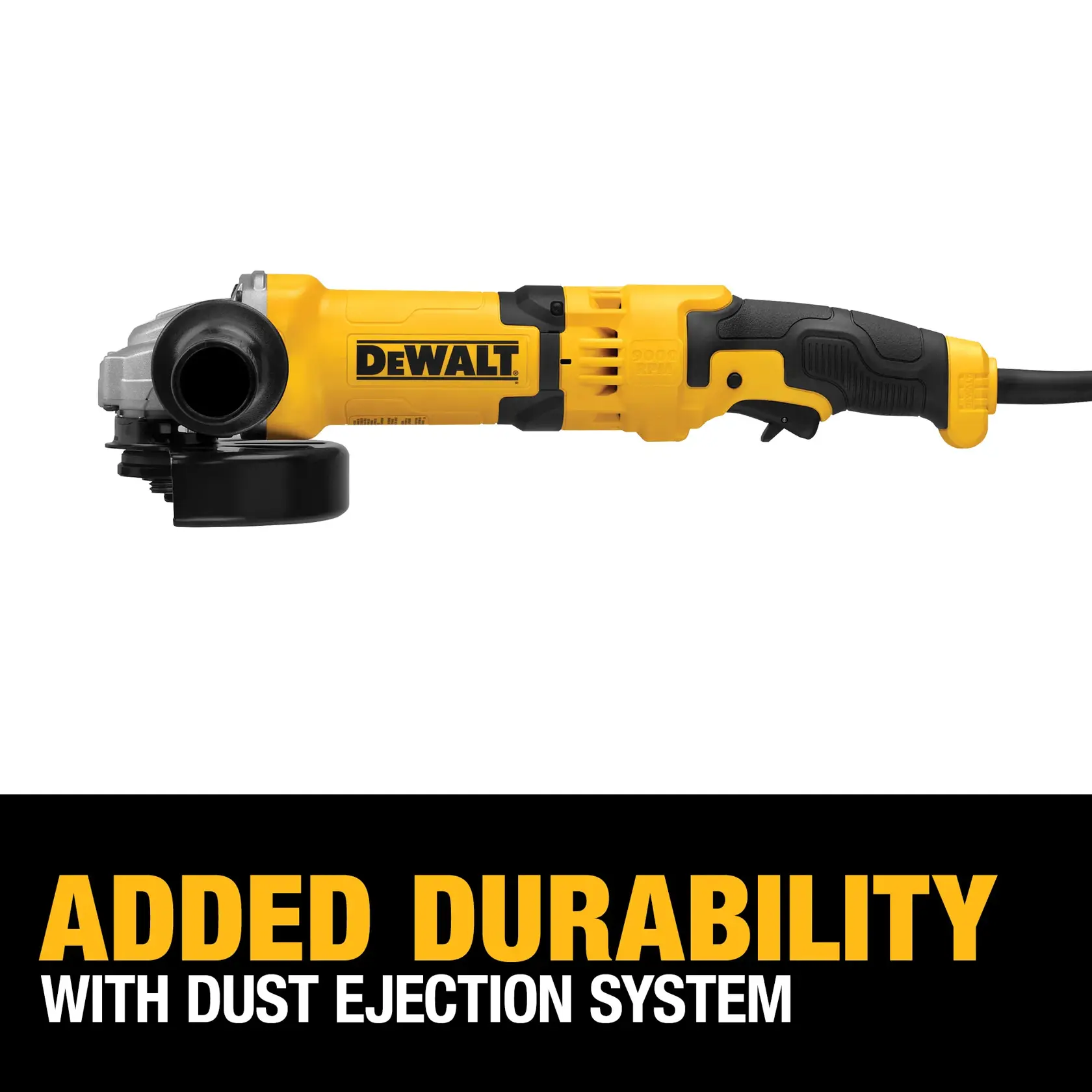 A yellow and black DEWALT angle grinder model DWE43116 with a black handle, shown in profile. The image highlights the tool's added durability and dust ejection system.