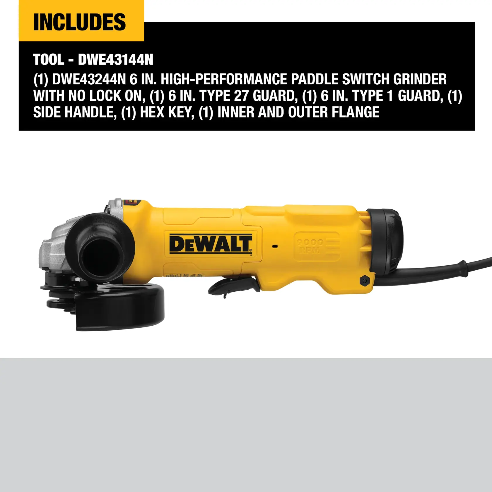 A DEWALT DWE43144N 6-inch high-performance paddle switch grinder is shown. The grinder is yellow with black detailing and includes a side handle, protective guards, and a cord. Above the tool is a list of included items such as the grinder, guards, handle, hex key, and flange parts.