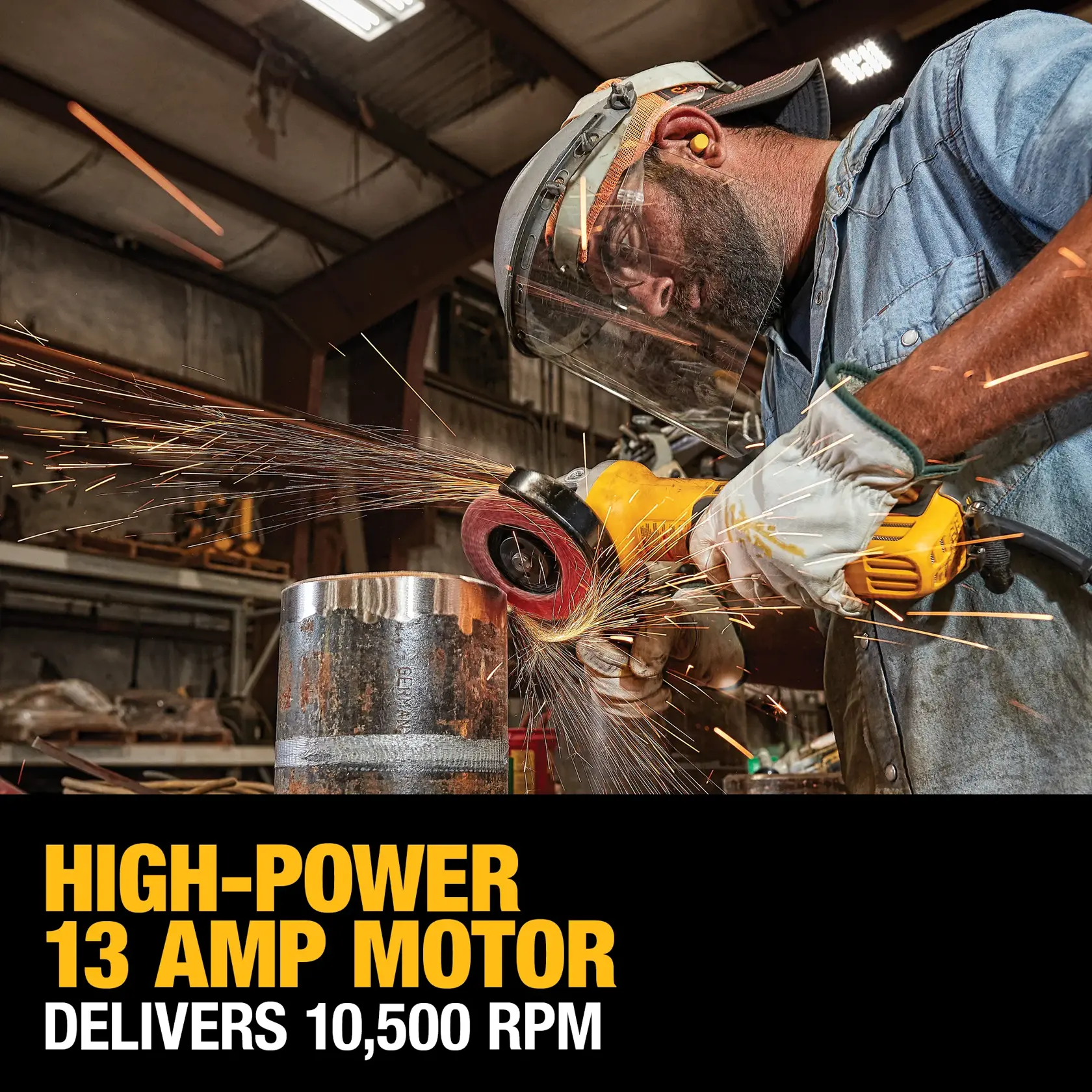 A worker wearing protective gear uses a yellow DEWALT power tool to grind metal, producing sparks, in an industrial workshop. Text at the bottom highlights the tool's high-power 13 amp motor and 10,500 RPM capability.