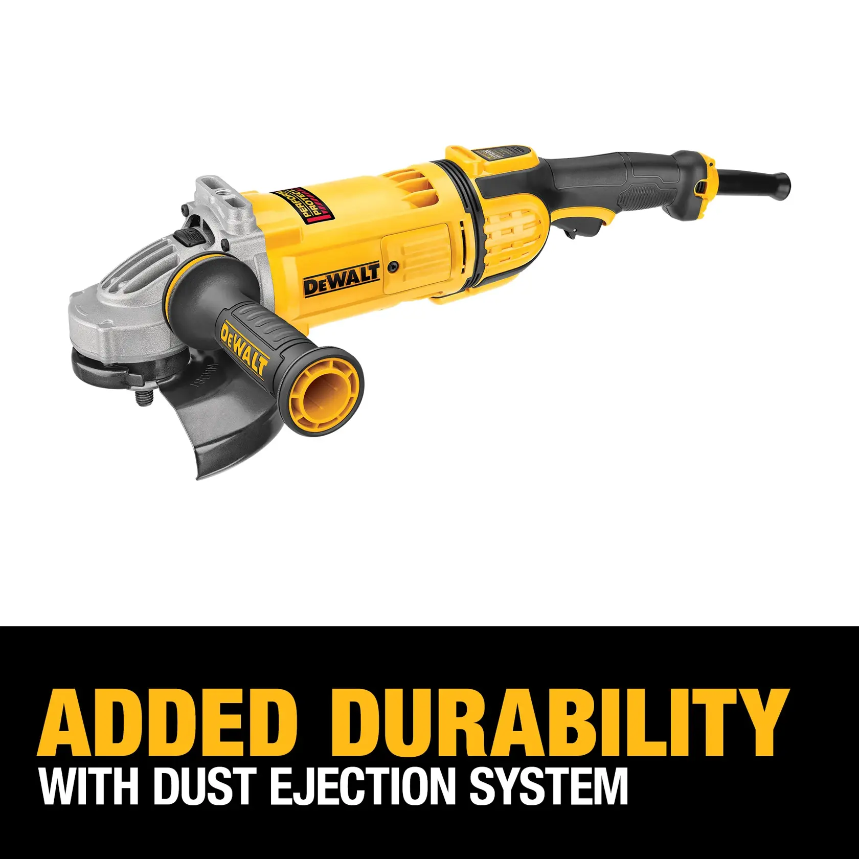 DEWALT angle grinder with a yellow and black design, shown with a side handle and announced added durability due to the dust ejection system.