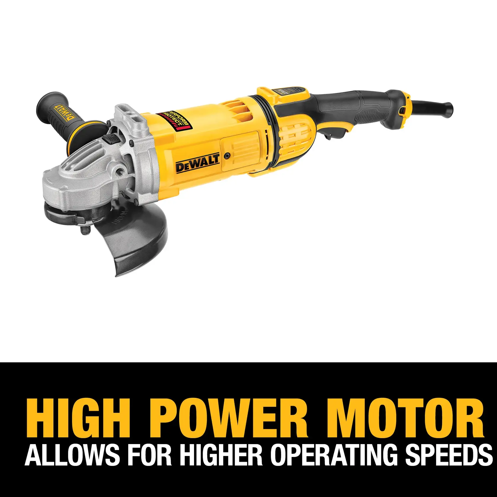 A yellow and black DEWALT angle grinder power tool with side handle, shown against a white background. Text below the tool reads: 'HIGH POWER MOTOR allows for higher operating speeds.'