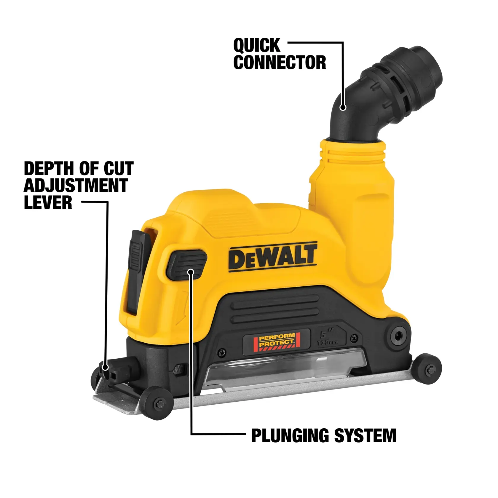 A DEWALT DWE46125 power tool with yellow and black casing, featuring labeled parts: depth of cut adjustment lever, quick connector, and plunger system. The tool is shown on a white background.