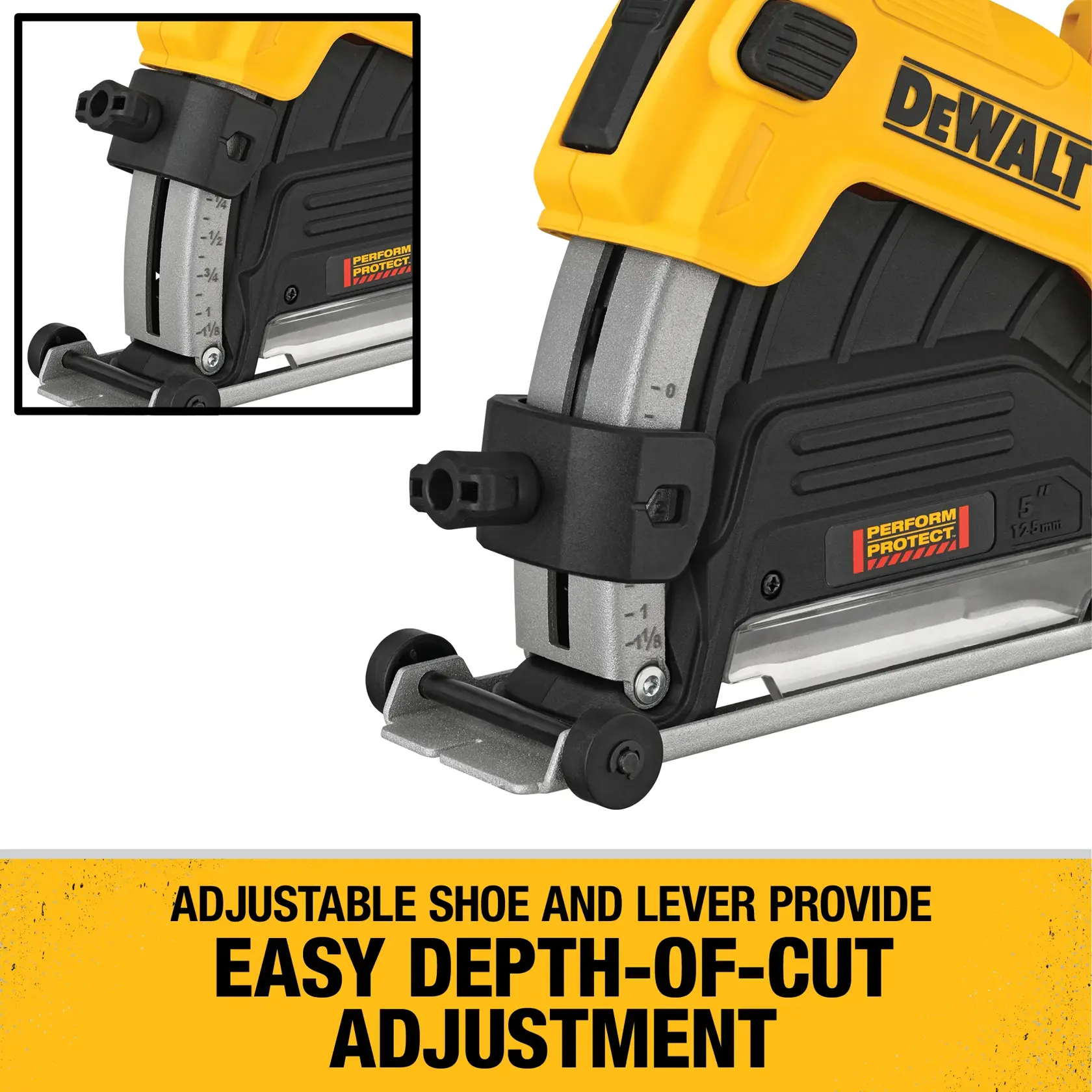 Close-up of a DEWALT power tool showing its adjustable shoe and lever feature for easy depth-of-cut adjustment, with measurement markings visible. The product is highlighted with text emphasizing 'Easy Depth-of-Cut Adjustment.'