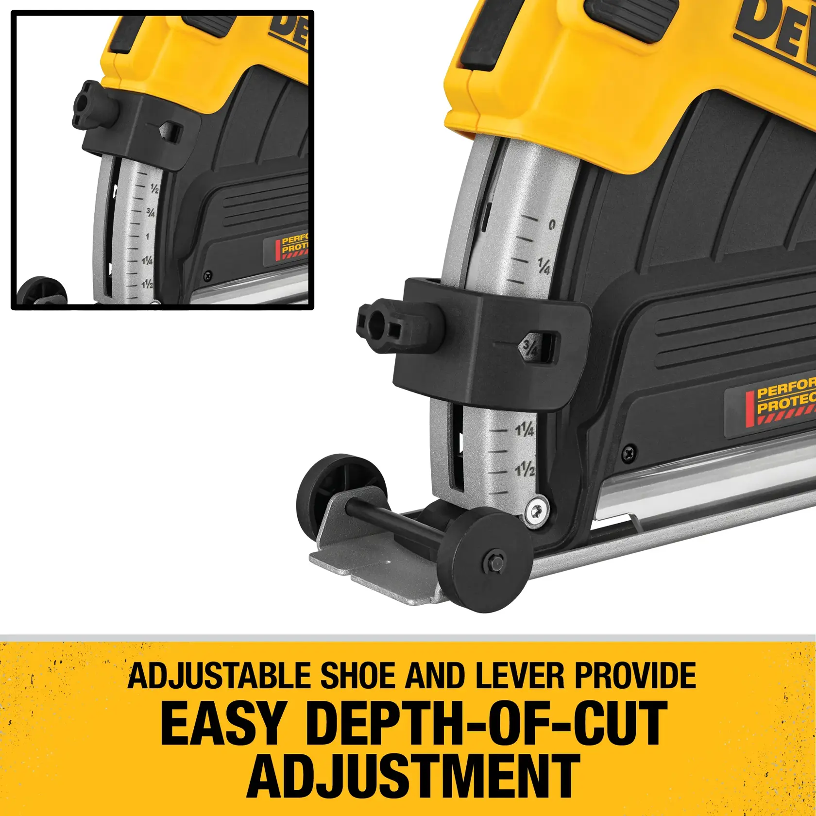 Close-up image of a DEWALT power tool showing the adjustable shoe and lever mechanism for easy depth-of-cut adjustment. The tool's depth gauge is visible and highlighted with measurements for precise control.