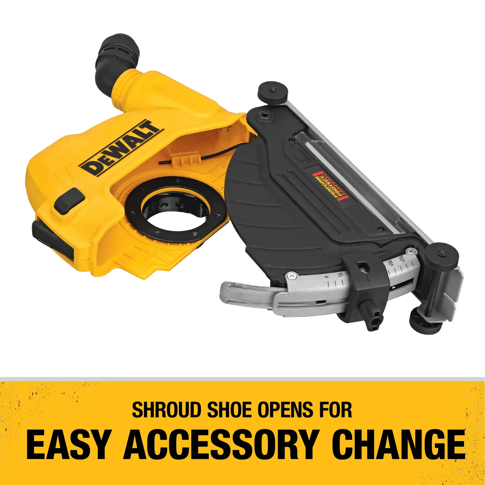 DEWALT tool accessory with a yellow shroud and black shoe, shown open for easy accessory change.