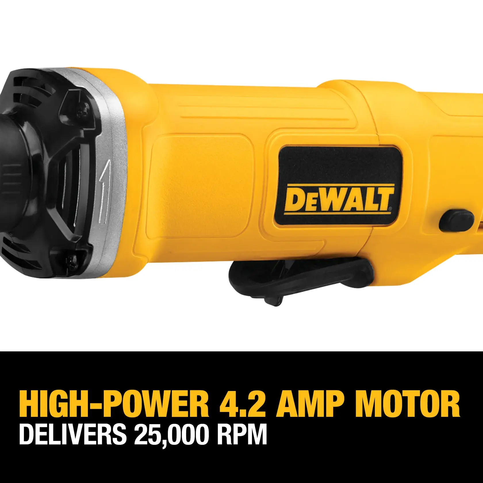 Close-up image of a yellow DEWALT power tool featuring a high-power 4.2 amp motor that delivers 25,000 RPM, with the DEWALT logo visible on the tool.