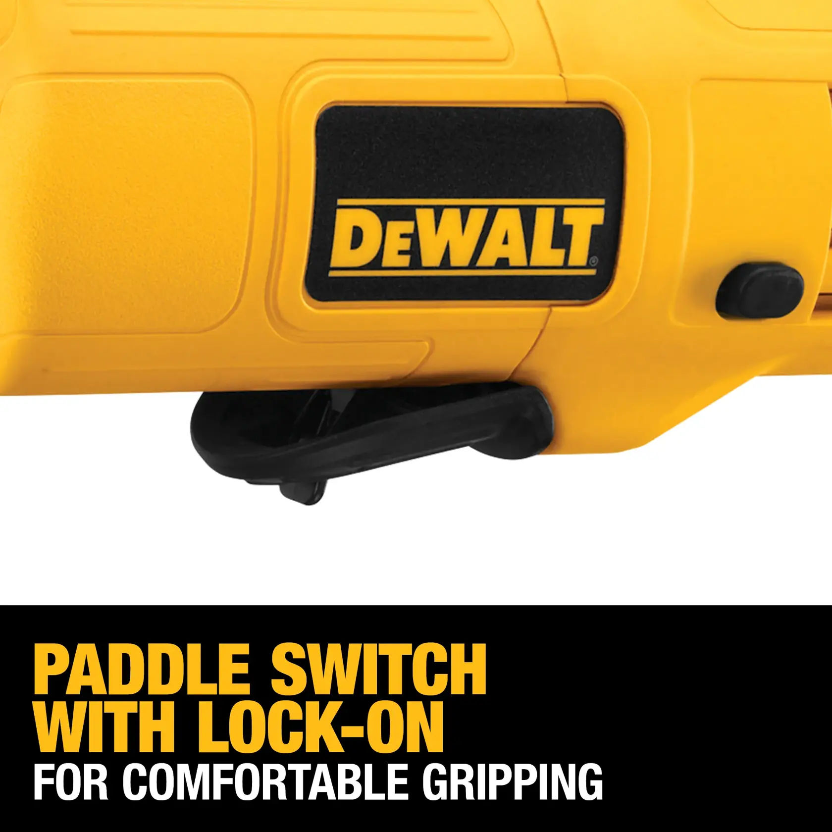 Close-up image of a yellow DEWALT power tool displaying its paddle switch with lock-on feature, designed for comfortable gripping. Promotional text highlights 'Paddle switch with lock-on for comfortable gripping.'
