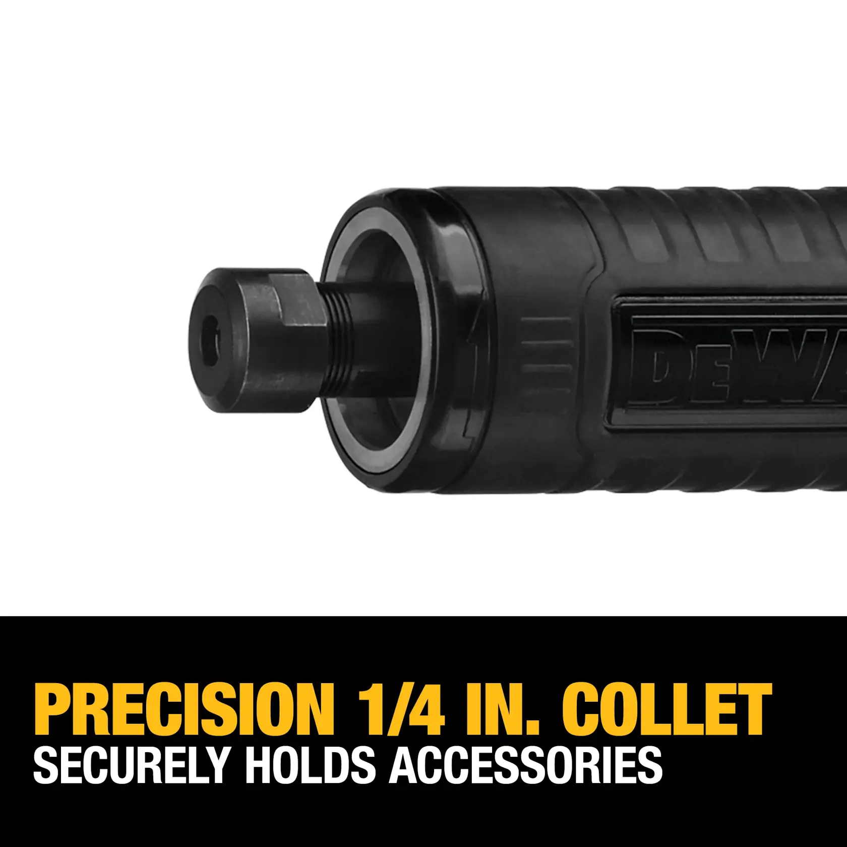 Close-up view of a DEWALT die grinder, showing the precision 1/4 inch collet designed to securely hold accessories. Text below highlights the collet's features.