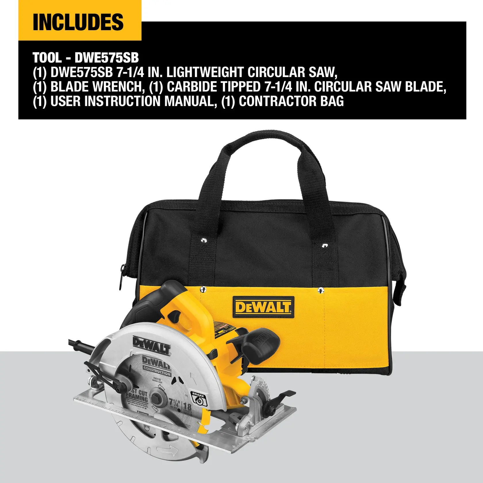 Image of a DEWALT DWE575SB tool kit, including a yellow and black contractor bag and a lightweight circular saw with a 7-1/4 inch carbide-tipped blade. The kit also includes a blade wrench and a user instruction manual.
