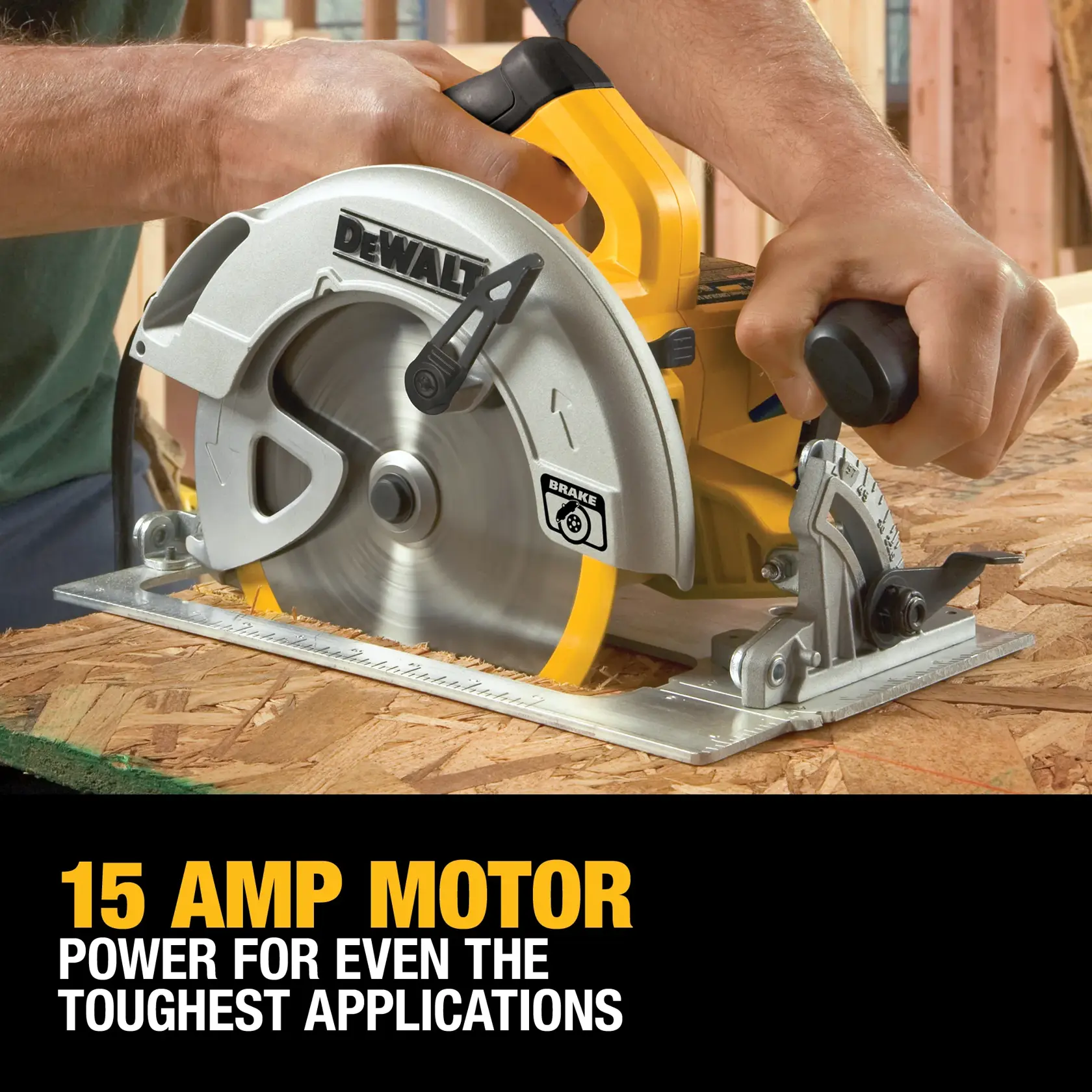 A DEWALT DWE575SB circular saw being used to cut wood, featuring a 15 amp motor for power in tough applications. The saw is held by a person and is shown actively cutting through a piece of plywood with text highlighting its motor strength.
