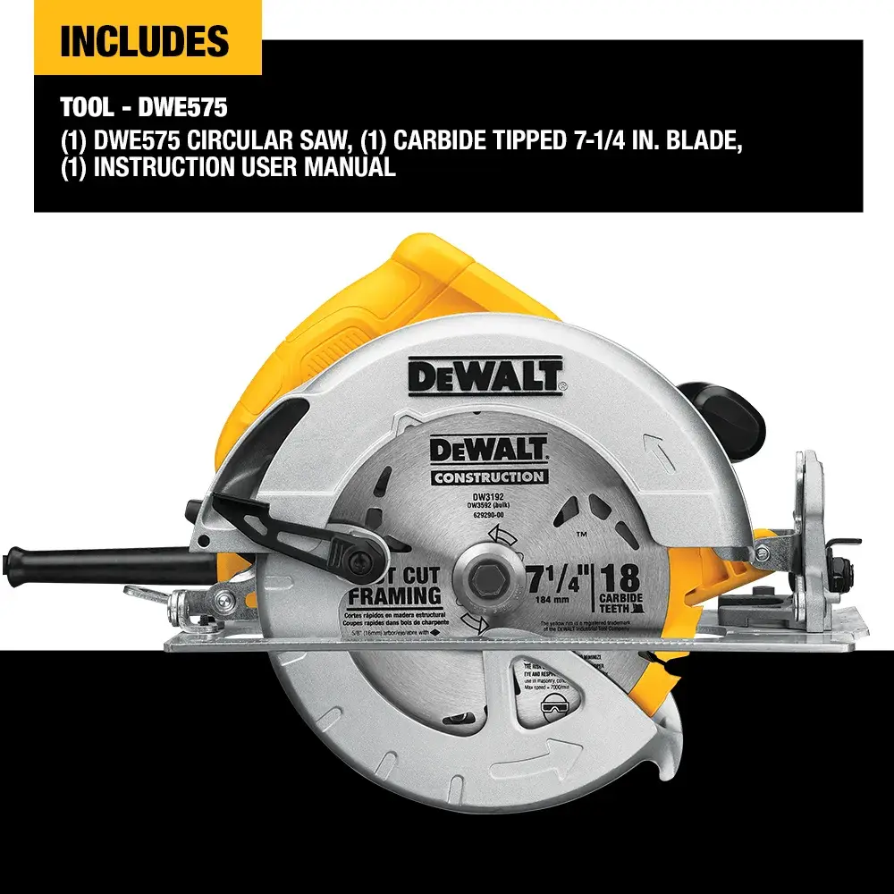 Image showing a DEWALT DWE575 circular saw with a carbide-tipped 7-1/4 inch blade. Includes the tool, blade, and instruction user manual.